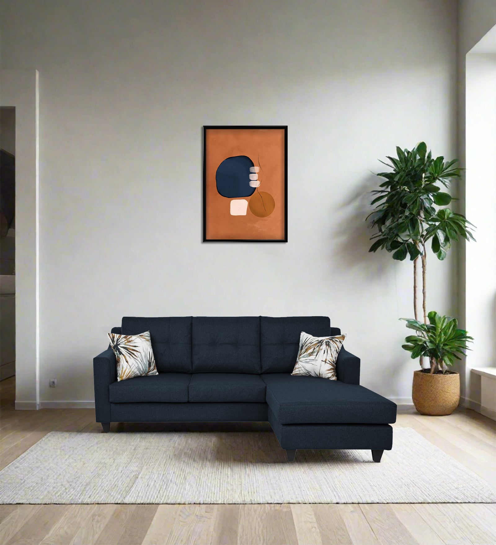 Welly Fabric LHS Sectional Sofa (2+Lounger) In Denim Blue Colour - Febonic Living