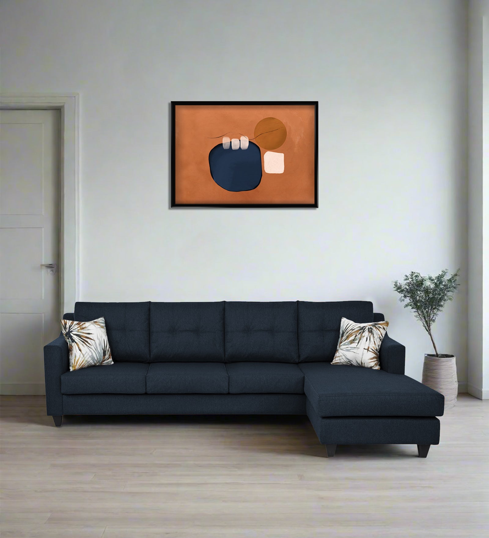 Welly Fabric LHS Sectional Sofa (3+Lounger) In Denim Blue Colour - Febonic Living