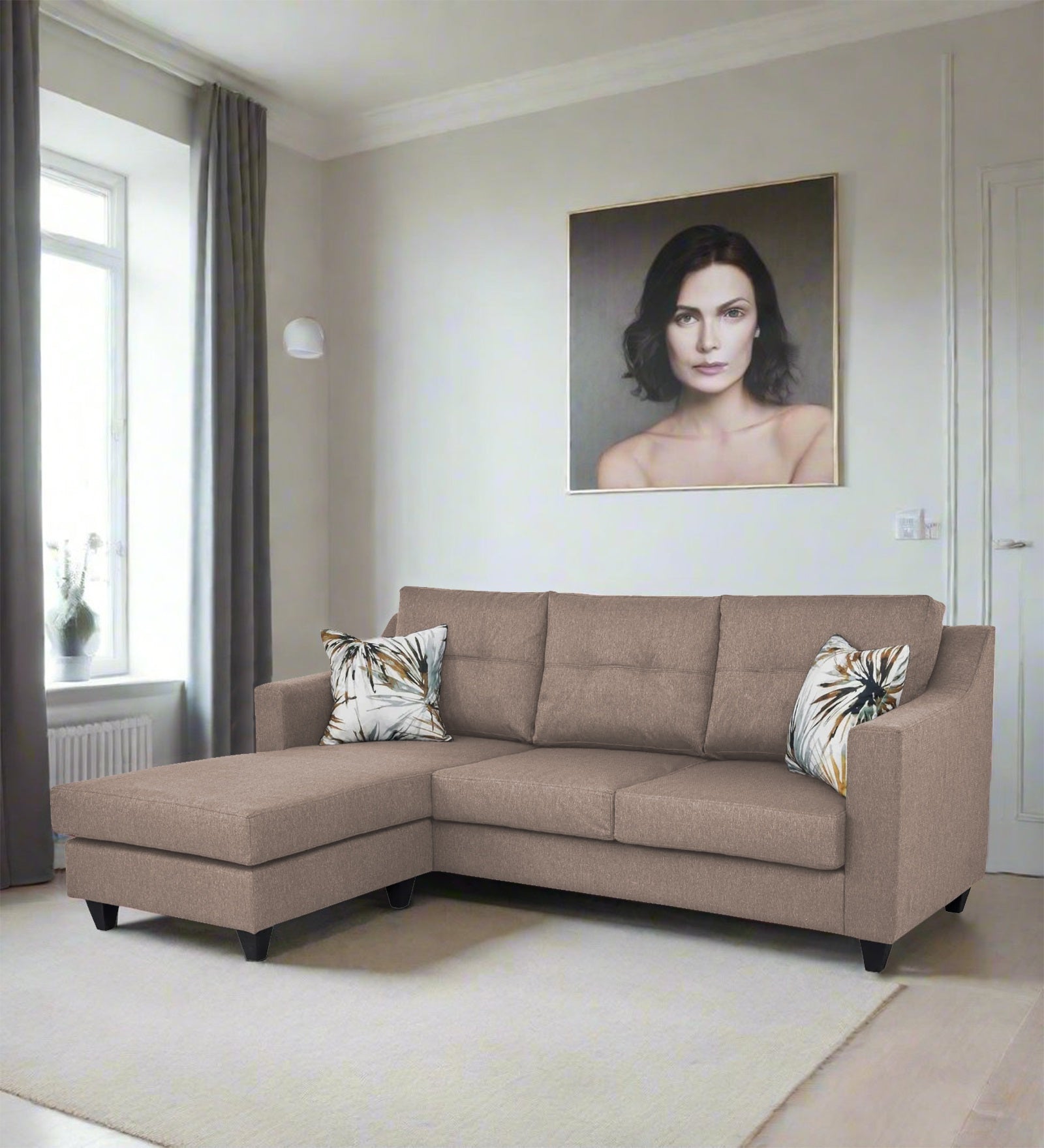 Welly Fabric RHS Sectional Sofa (2+Lounger) In Kadhi Beige Colour - Febonic Living