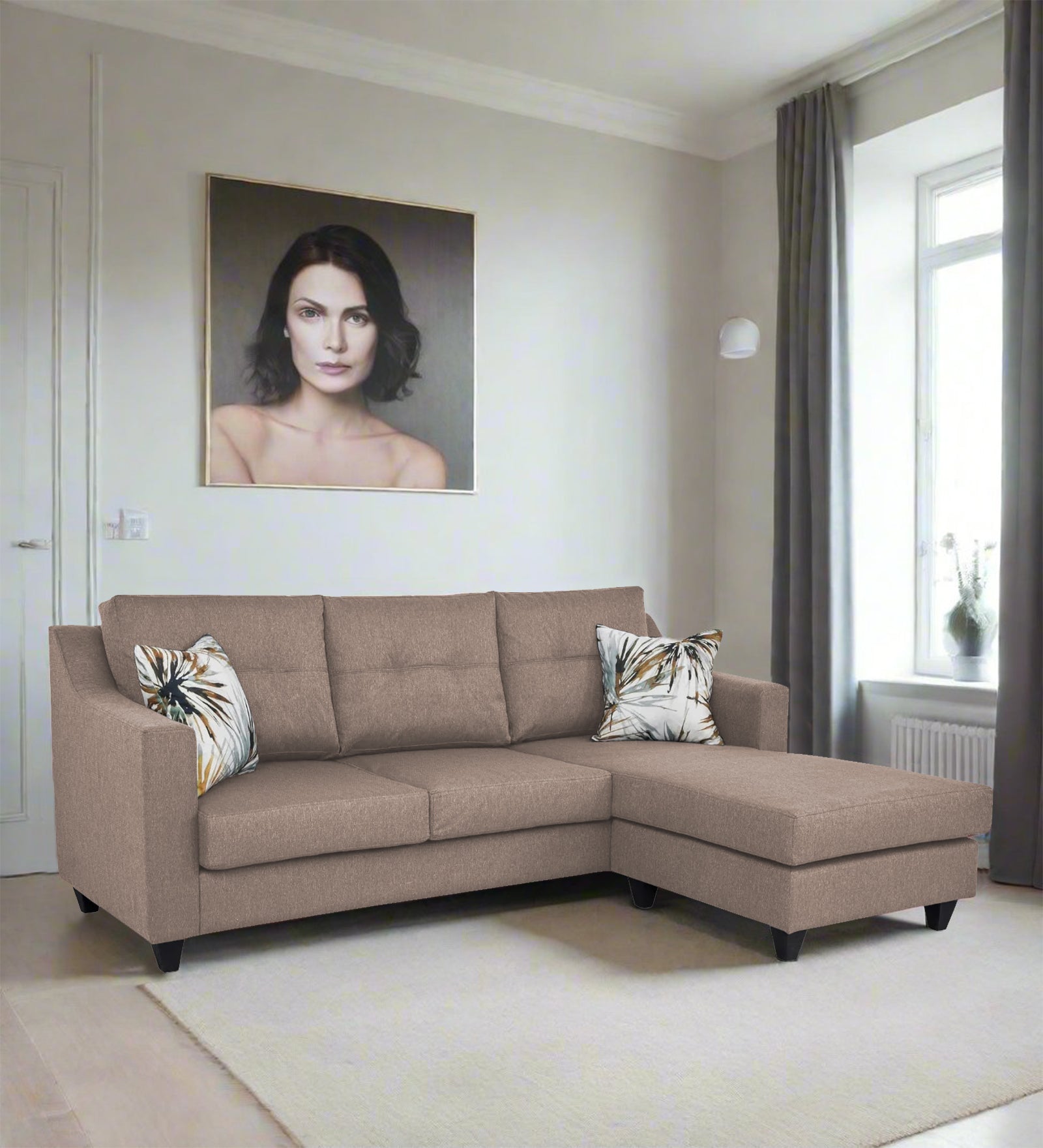 Welly Fabric LHS Sectional Sofa (2+Lounger) In Kadhi Beige Colour