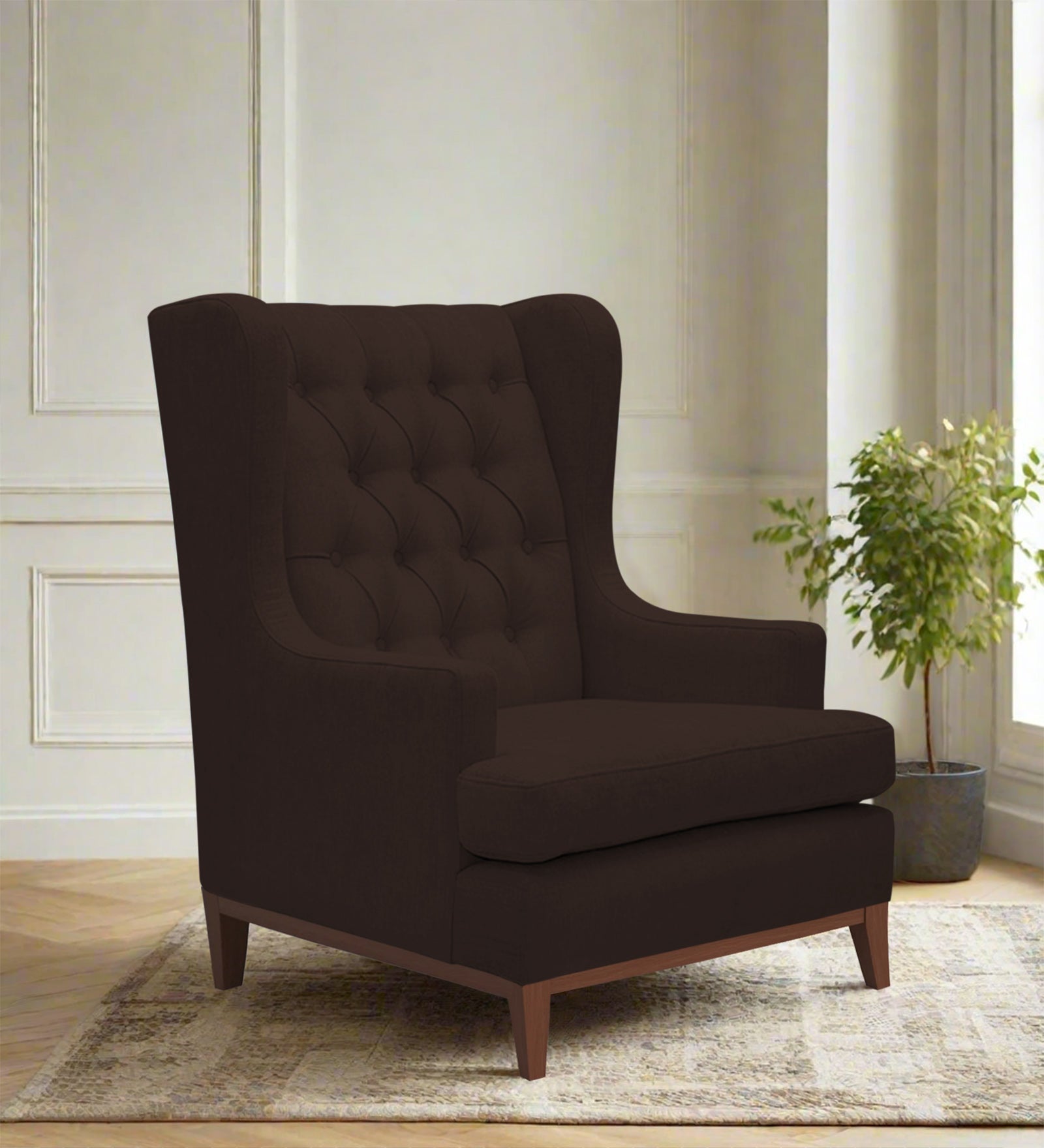 Panas Fabric Wing Chair In Coffee Brown Colour