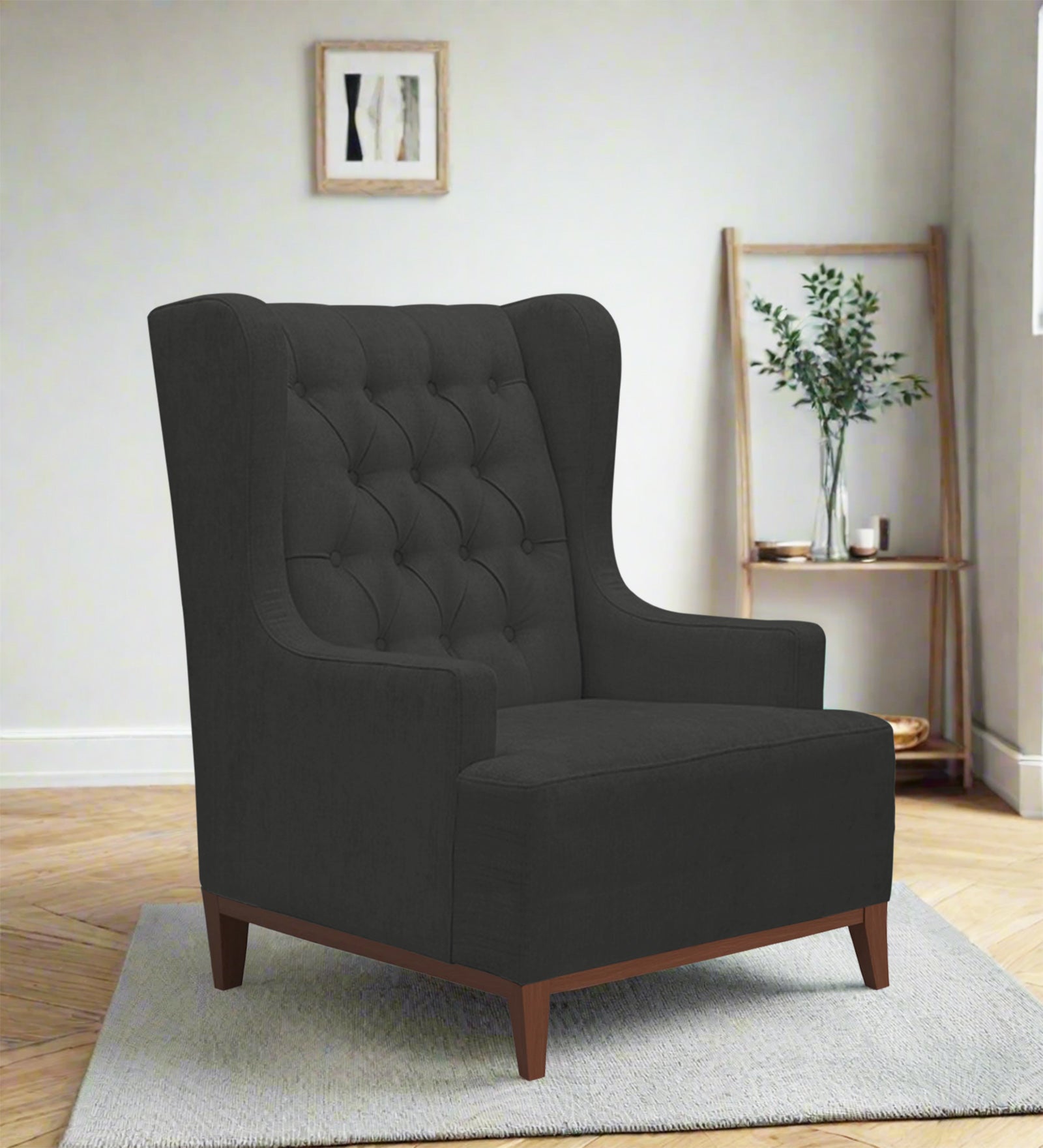Kuchi Fabric Wing Chair In Charcoal Grey Colour - Febonic Living