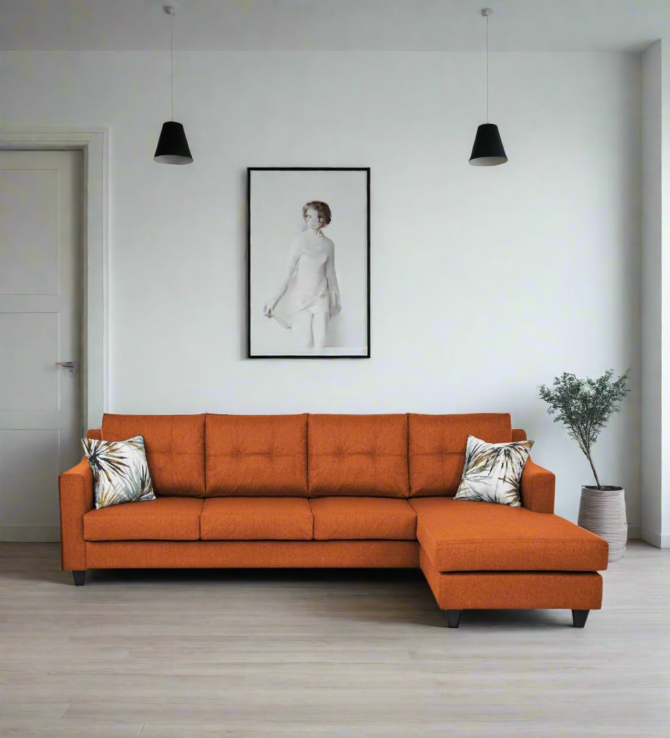 Welly Fabric LHS Sectional Sofa (3+Lounger) In Vivid Orange Colour - Febonic Living