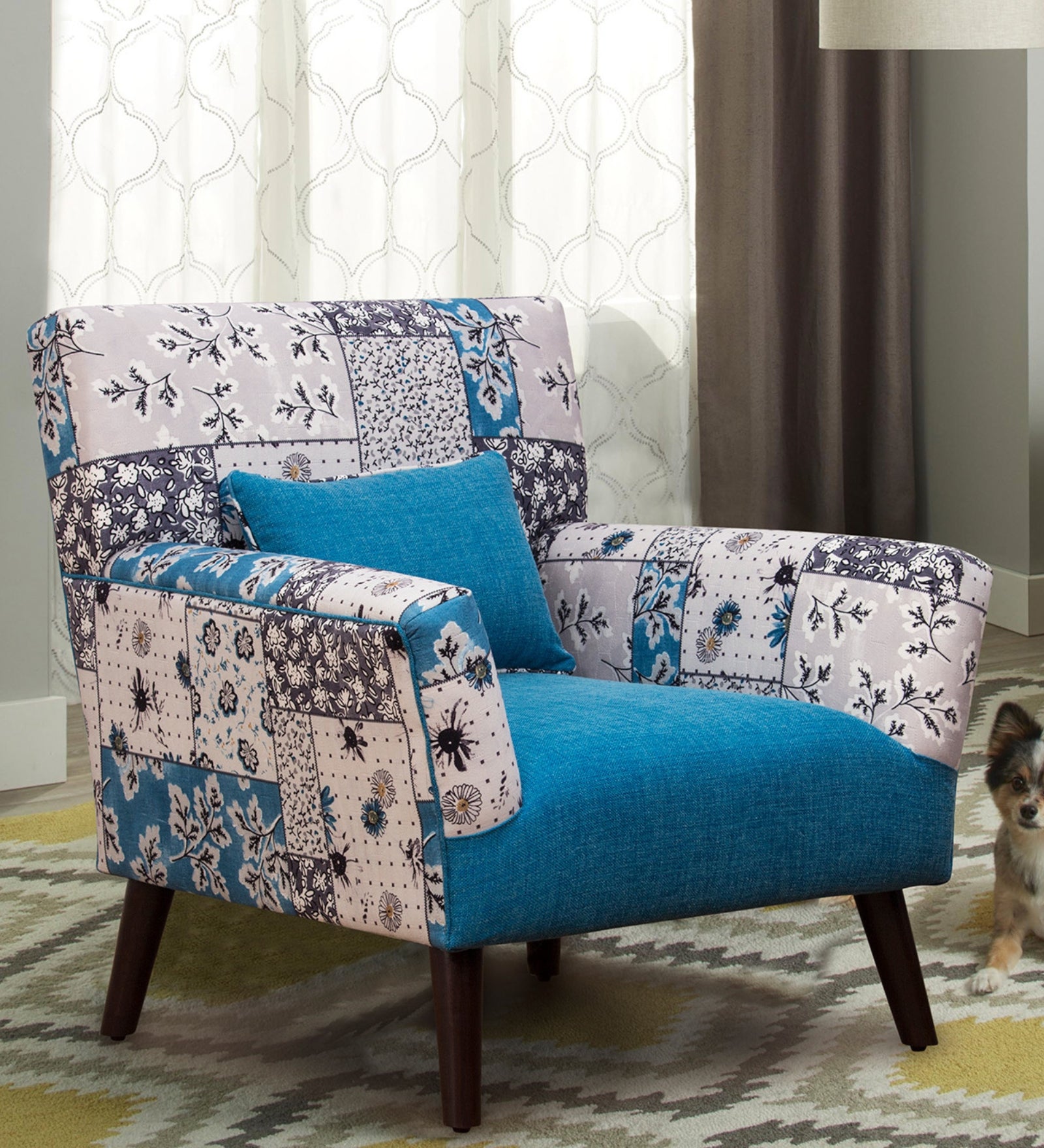 Marco Printed Fabric Arm Chair in White & Blue Colour - Febonic Living