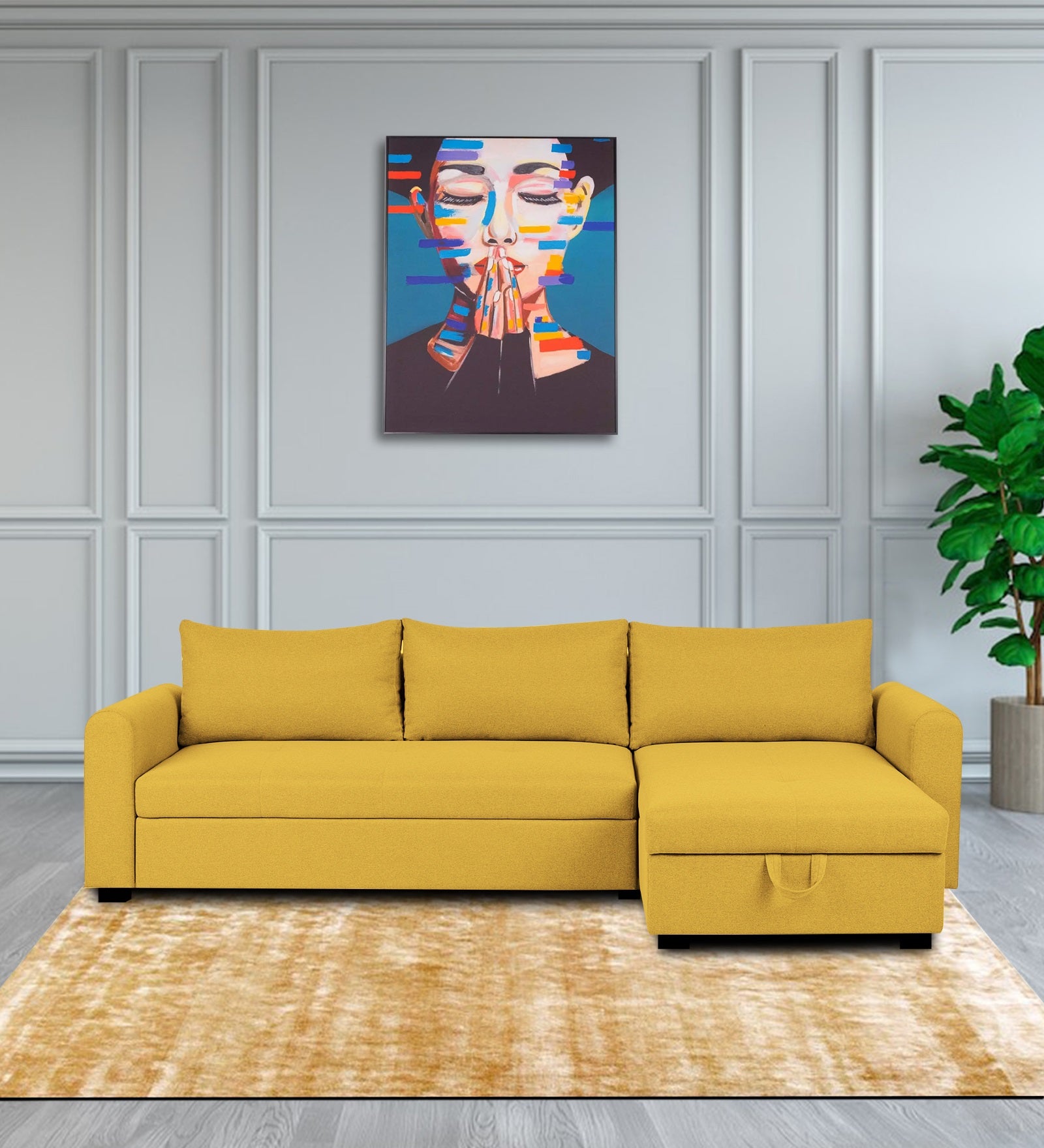 Sigma Fabric LHS Sectional Sofa (3+Lounger) In Bold Yellow Colour - Febonic Living