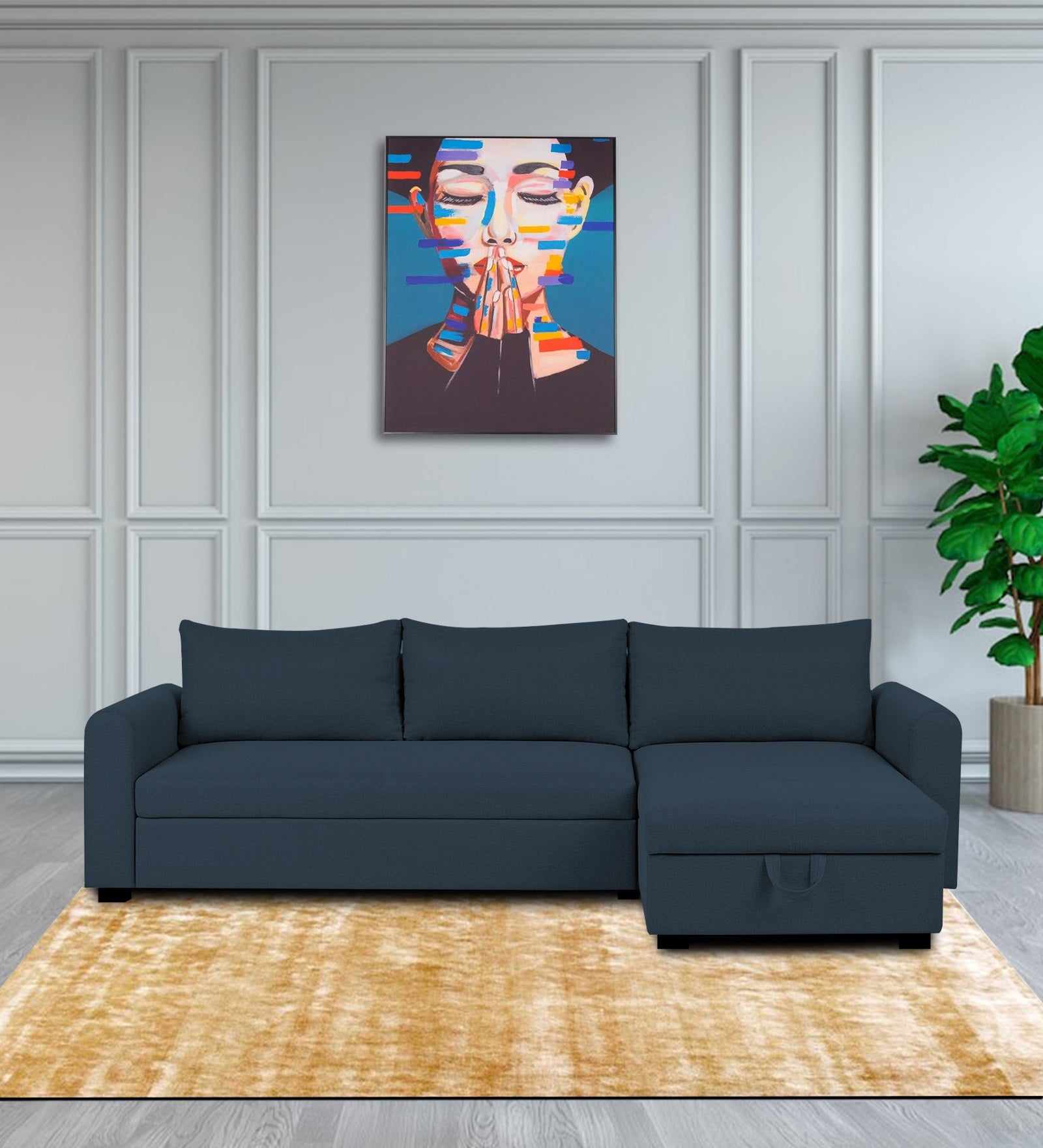 Sigma Fabric LHS Sectional Sofa (3+Lounger) In Denim Blue Colour - Febonic Living
