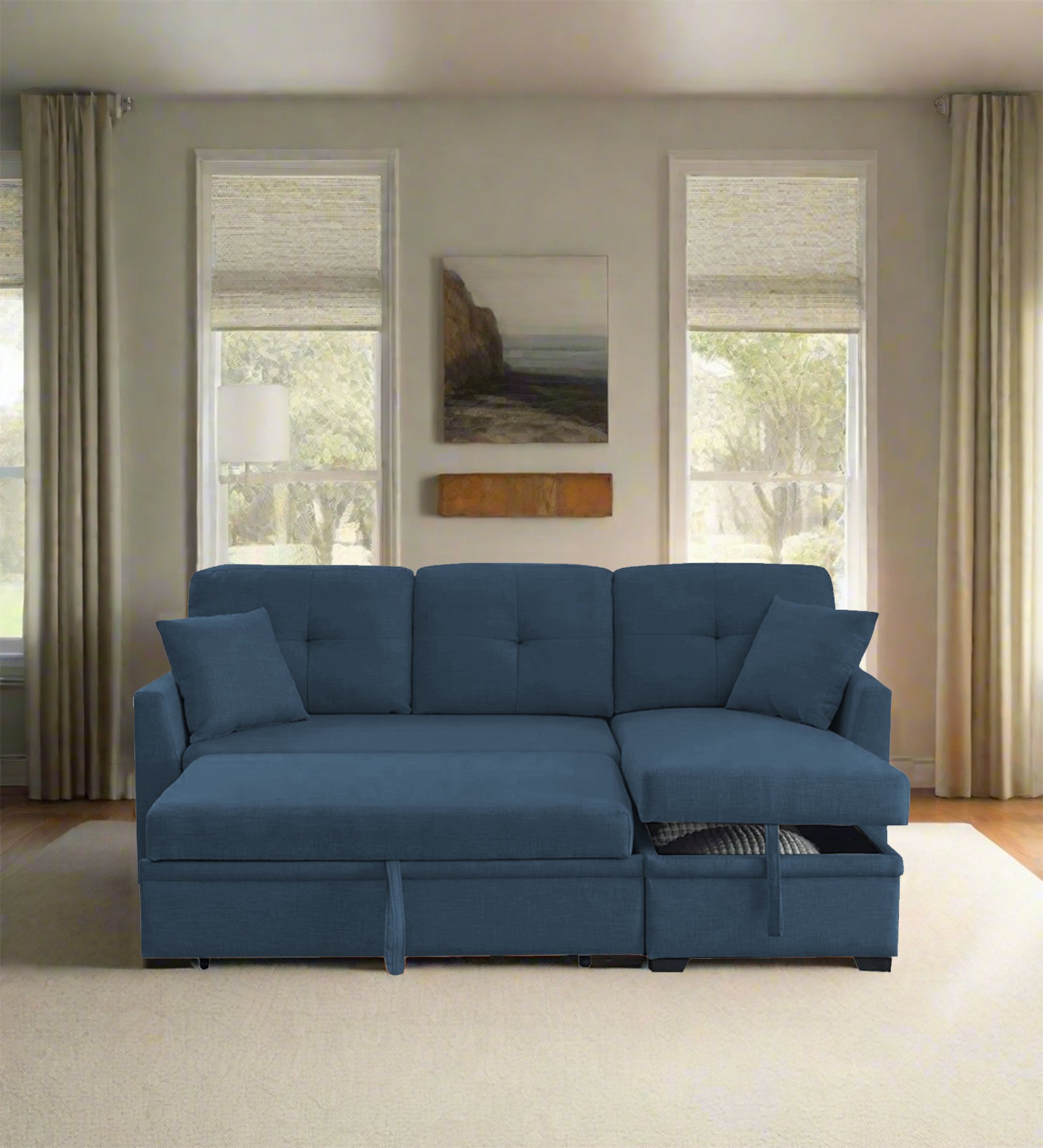 Jody Fabric 3 Seater Pull Out Sofa Cum Bed In Light Blue Colour With Storage - Febonic Living
