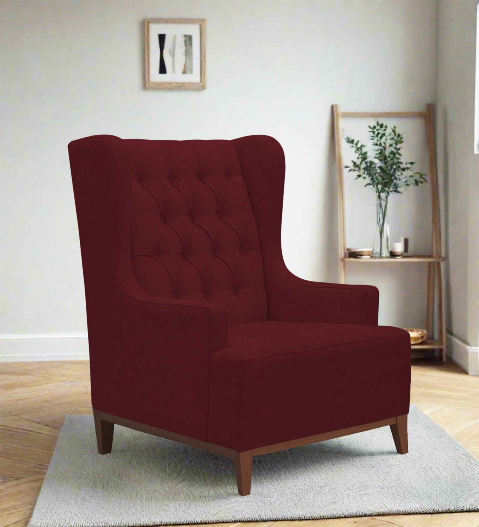 Kuchi Fabric Wing Chair In Blood Maroon Colour - Febonic Living