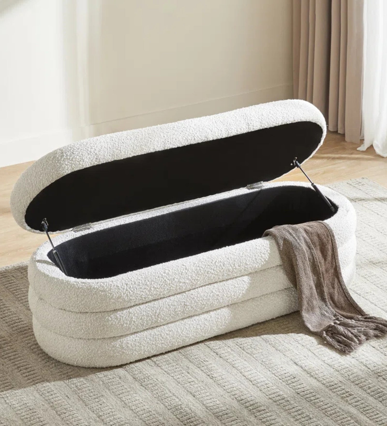 Grandy Boucle Fabric Ottoman In Bright White Colour With Storage - Febonic Living