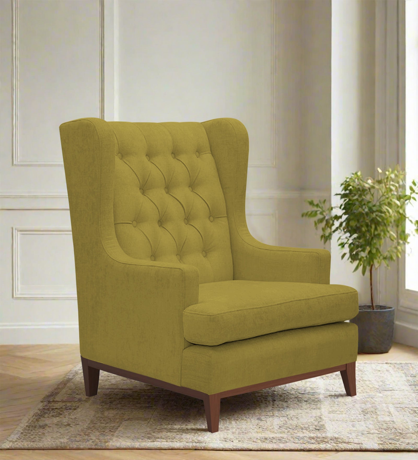 Panas Fabric Wing Chair In Parrot Green Colour - Febonic Living