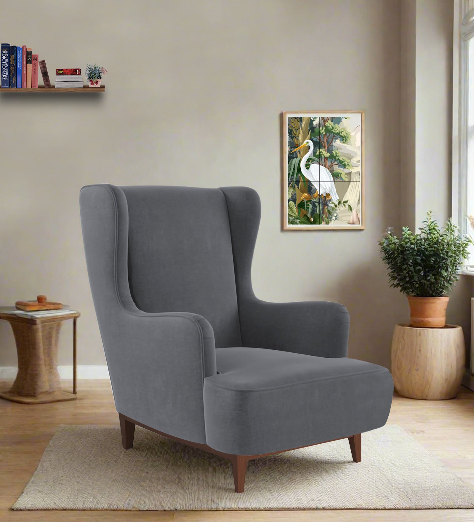 Suri Velvet Wing Chair In Pubble Grey Colour - Febonic Living