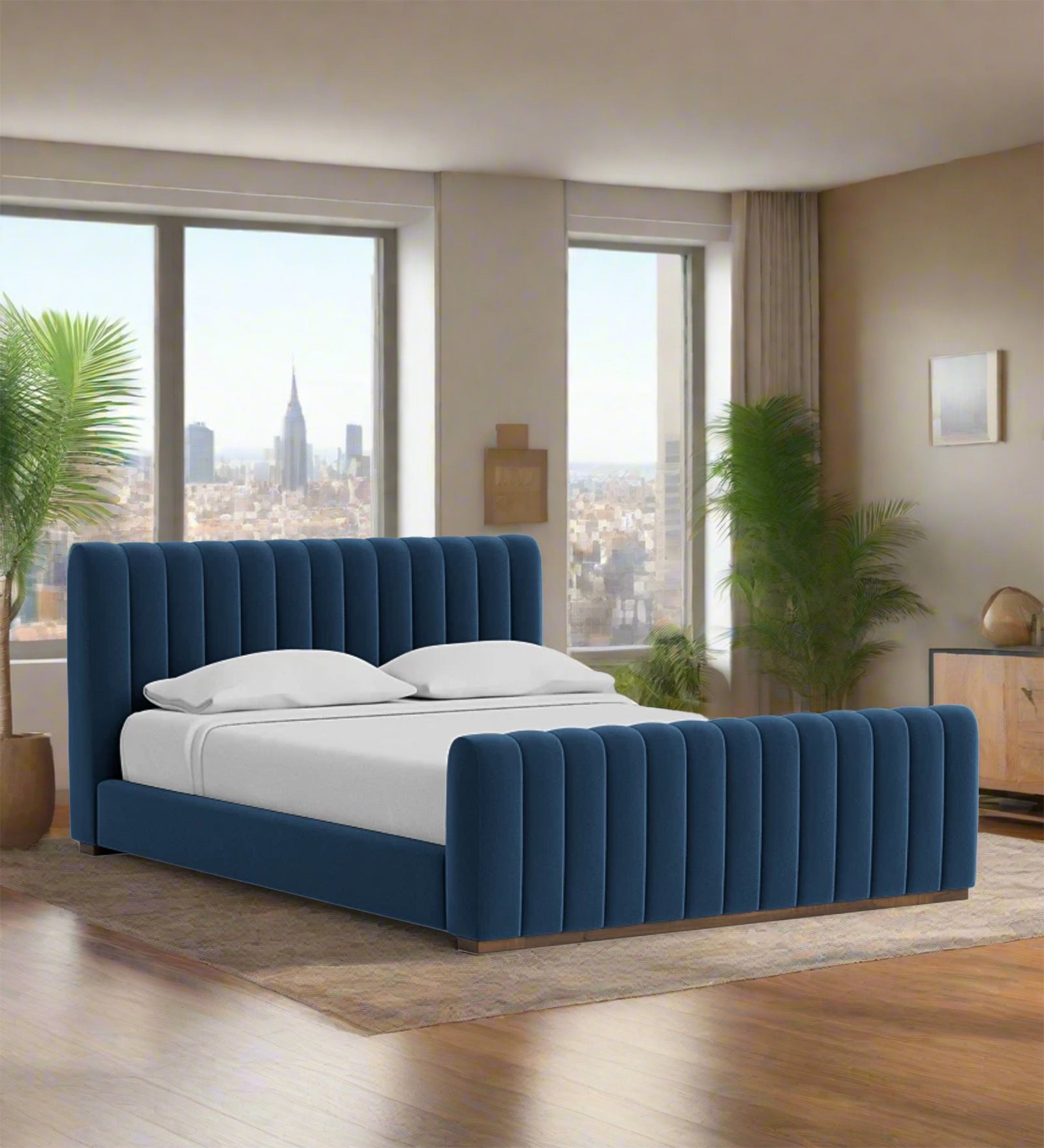 Nalan Fabric Upholstered Queen Size Bed in Imperial Blue Colour - Febonic Living