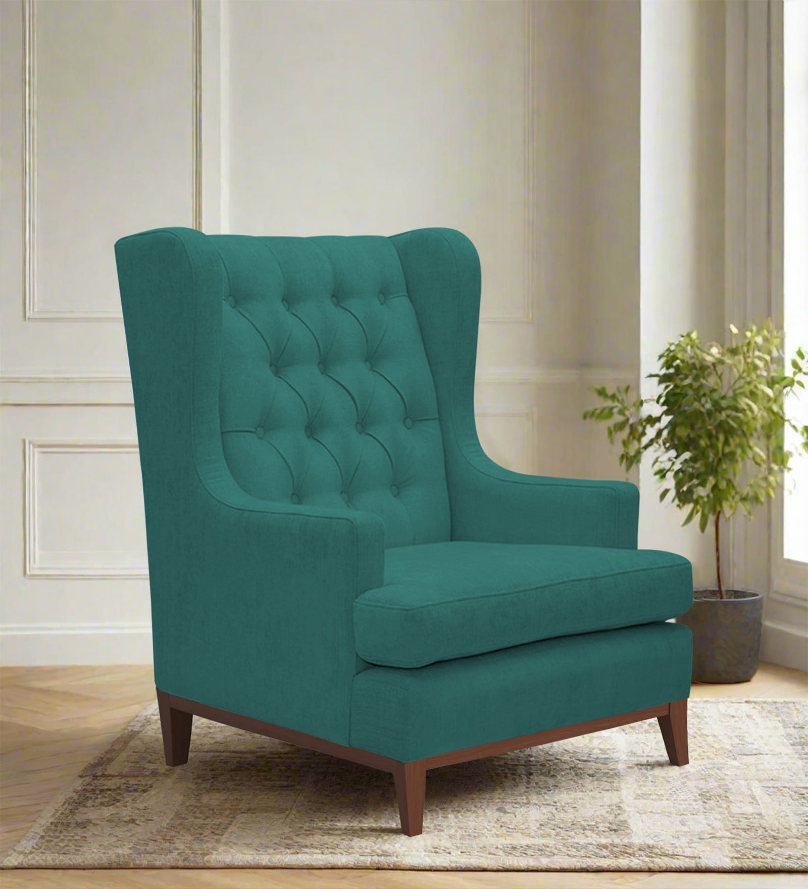 Panas Fabric Wing Chair In Sea Green Colour - Febonic Living