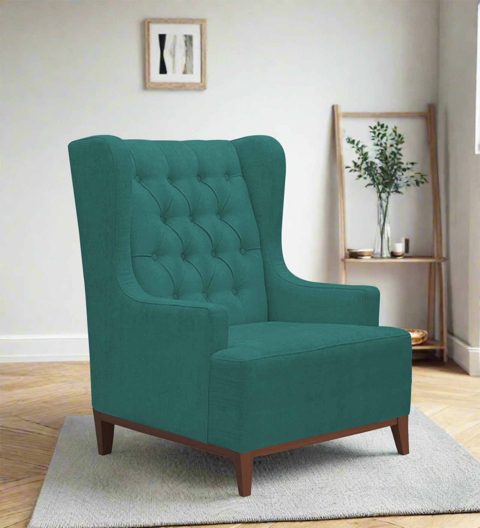 Kuchi Fabric Wing Chair In Sea Green Colour - Febonic Living