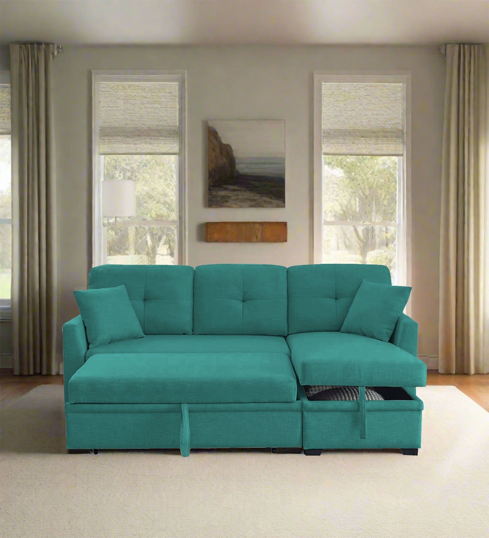 Jody Fabric 3 Seater Pull Out Sofa Cum Bed In Sea Green Colour With Storage - Febonic Living