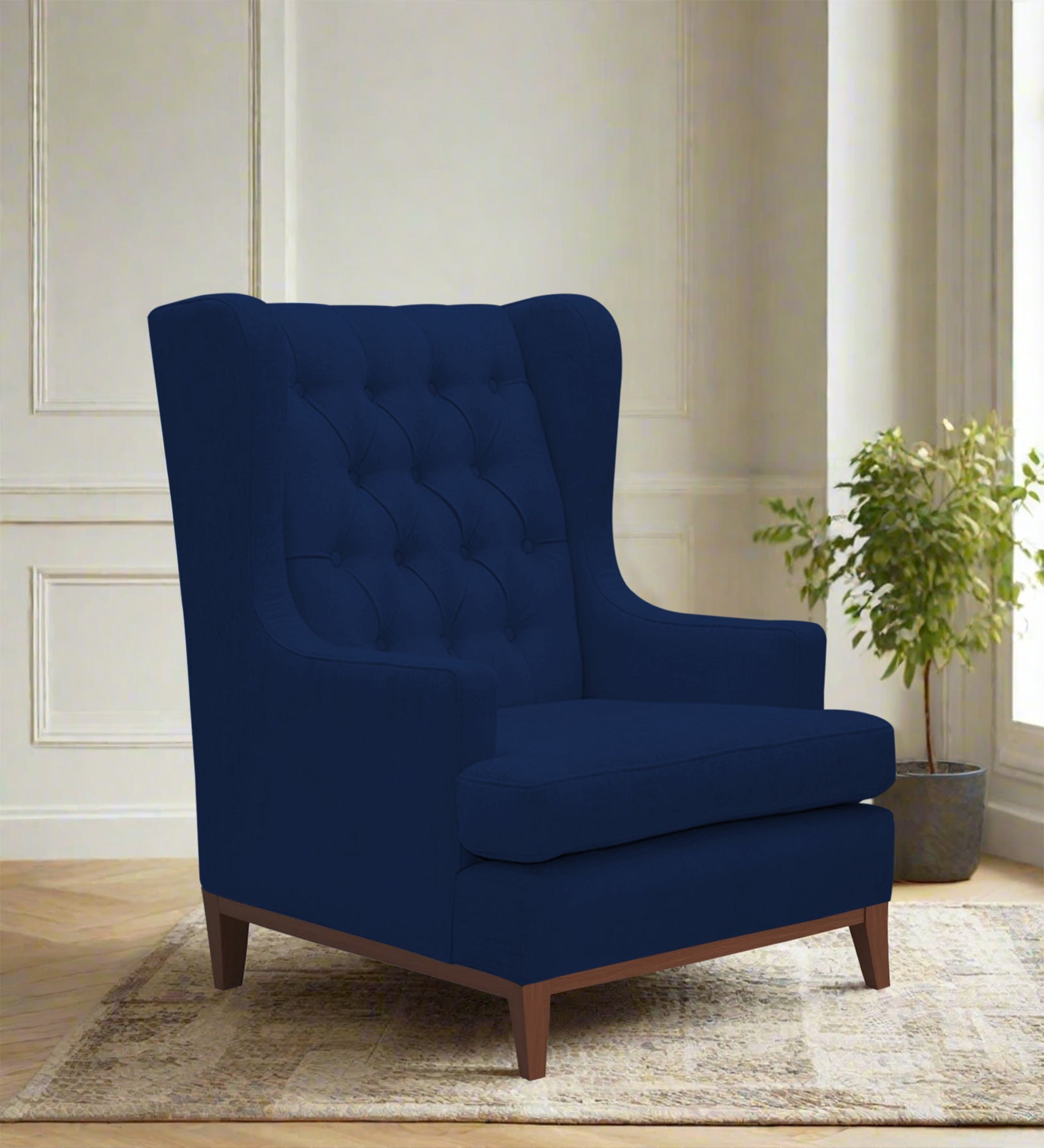 Panas Fabric Wing Chair In Royal Blue Colour - Febonic Living