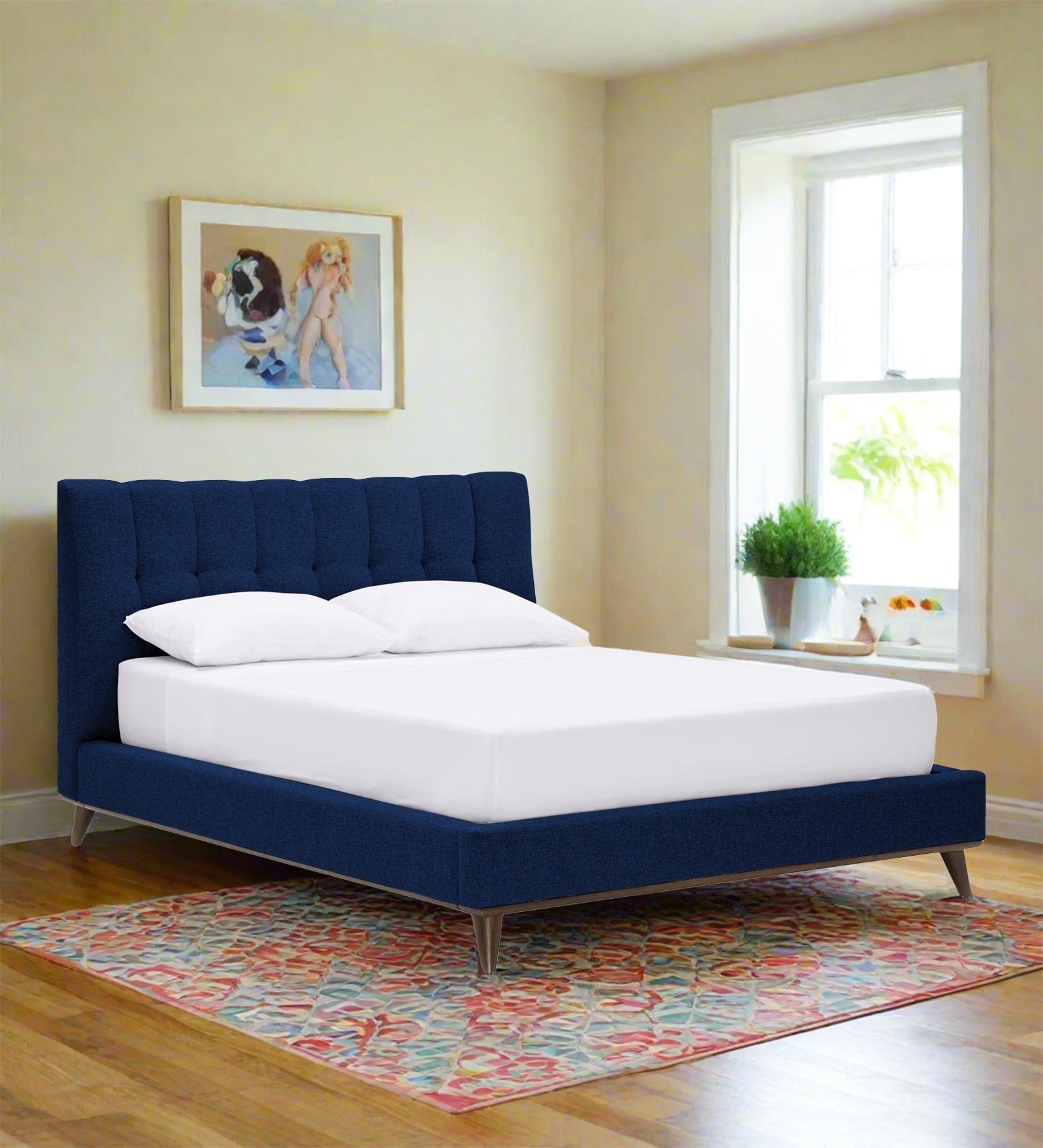 Jasmin Fabric Upholstered Queen Bed in Royal Blue Colour - Febonic Living