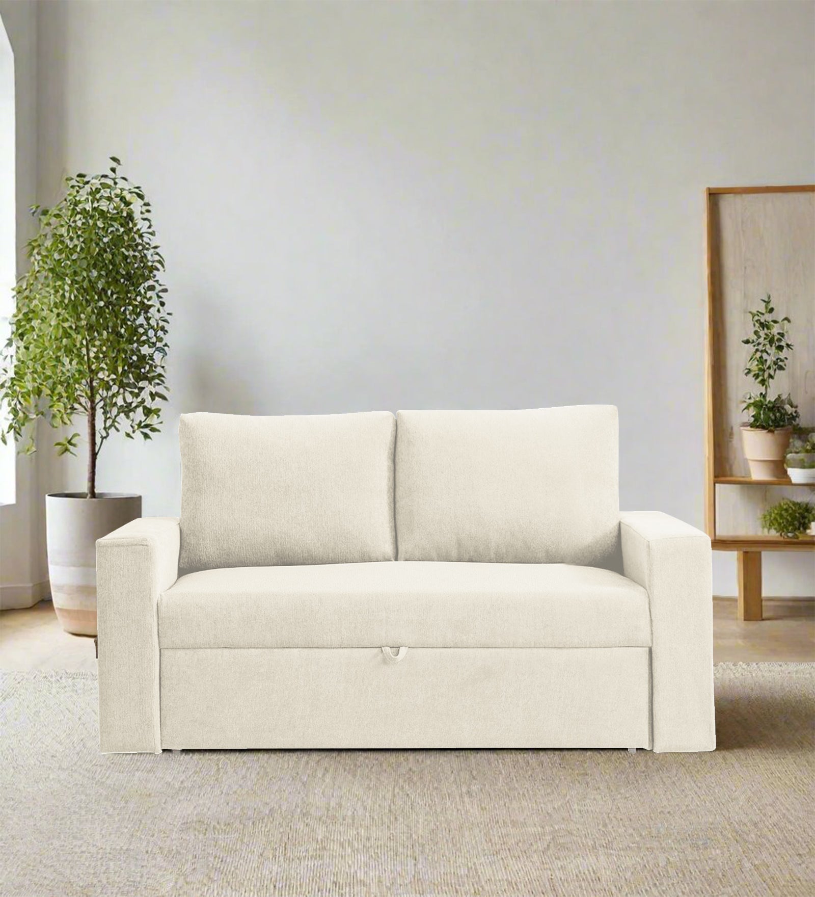 Kara Fabric 2 Seater Pull Out Sofa Cum Bed In Ivory Cream Colour - Febonic Living