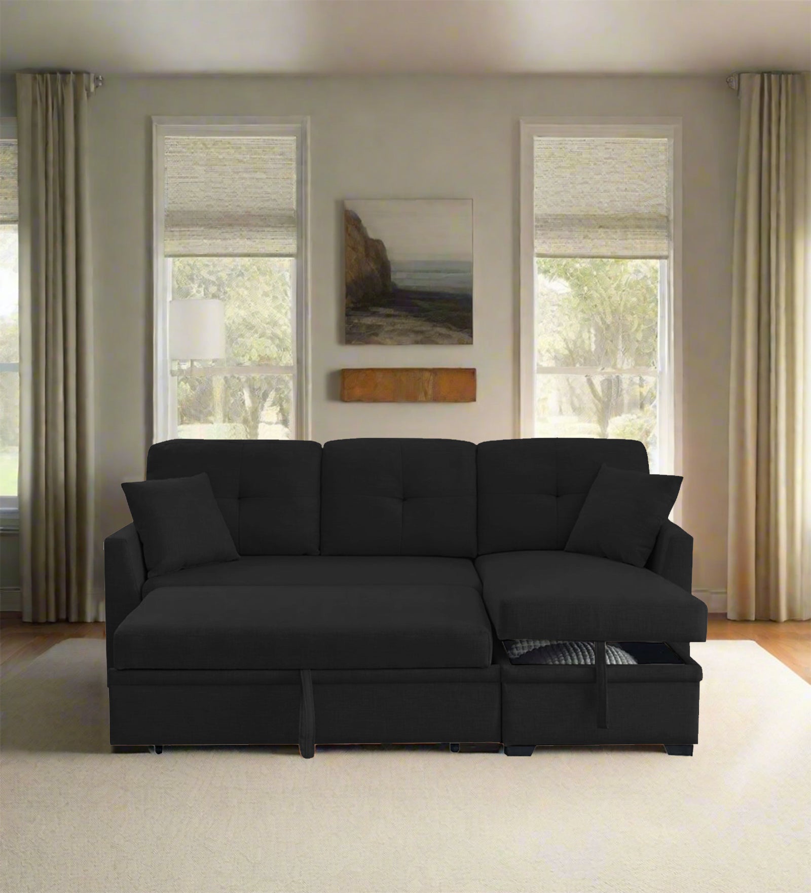 Jody Fabric 3 Seater Pull Out Sofa Cum Bed In Zed Black Colour With Storage - Febonic Living