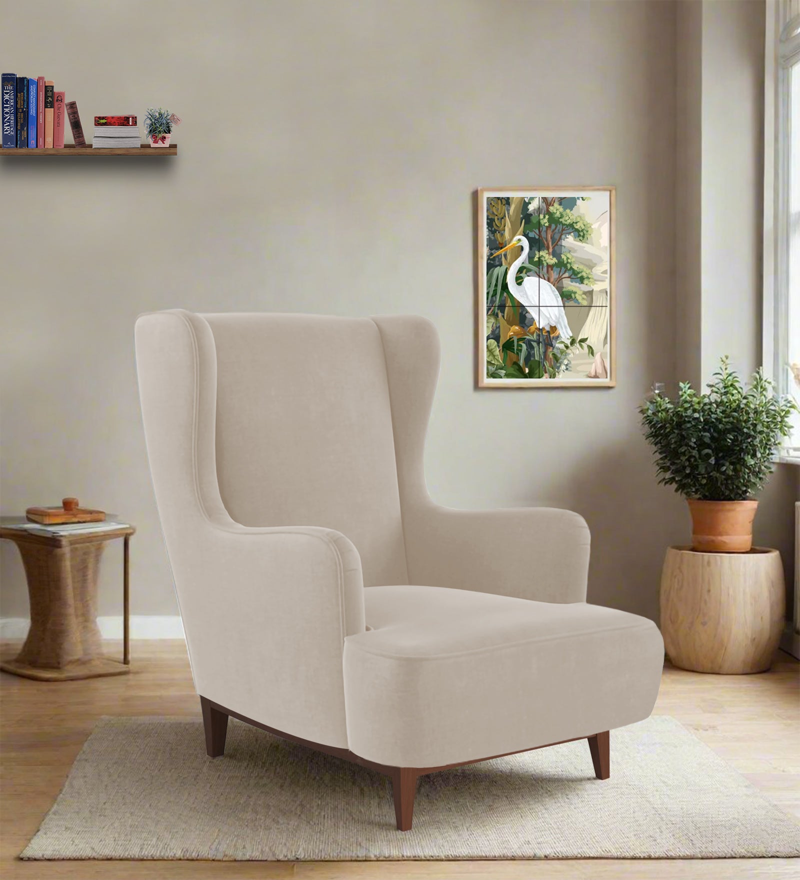 Suri Velvet Wing Chair In Cream Beige Colour - Febonic Living