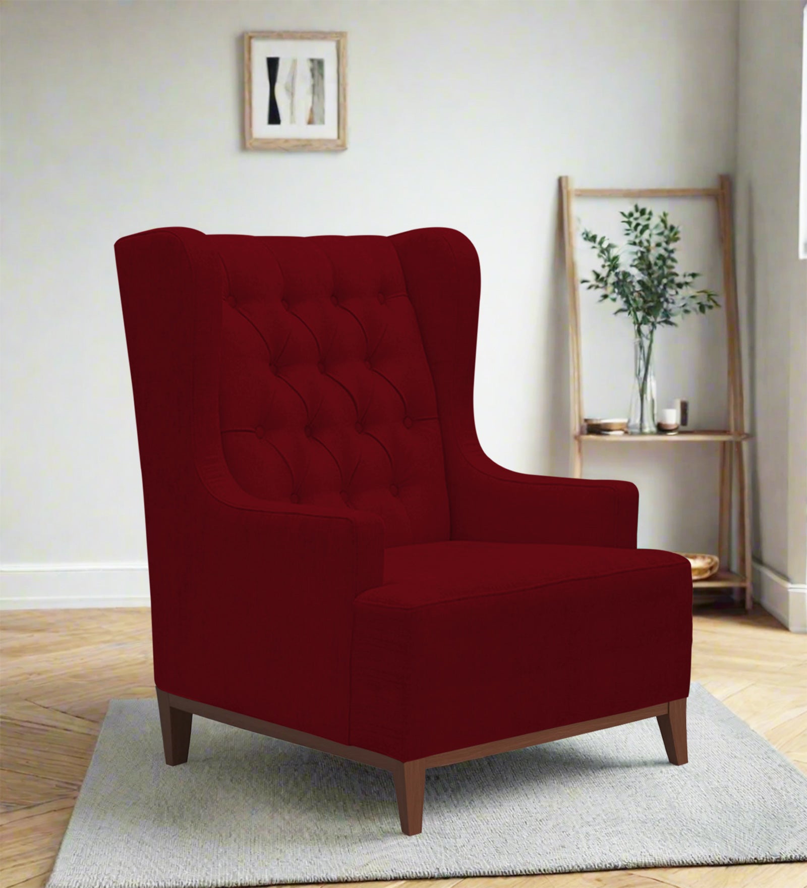 Kuchi Fabric Wing Chair In Ruby Red Colour - Febonic Living
