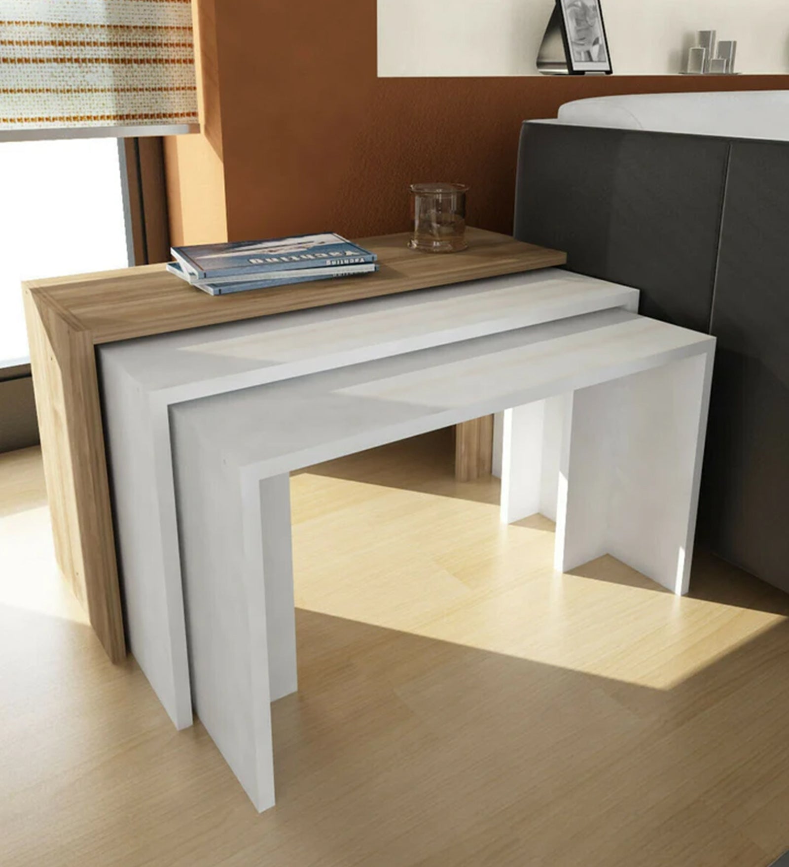 Shail Nesting Table In Frosty White & Oral Walnut Finish - Febonic Living