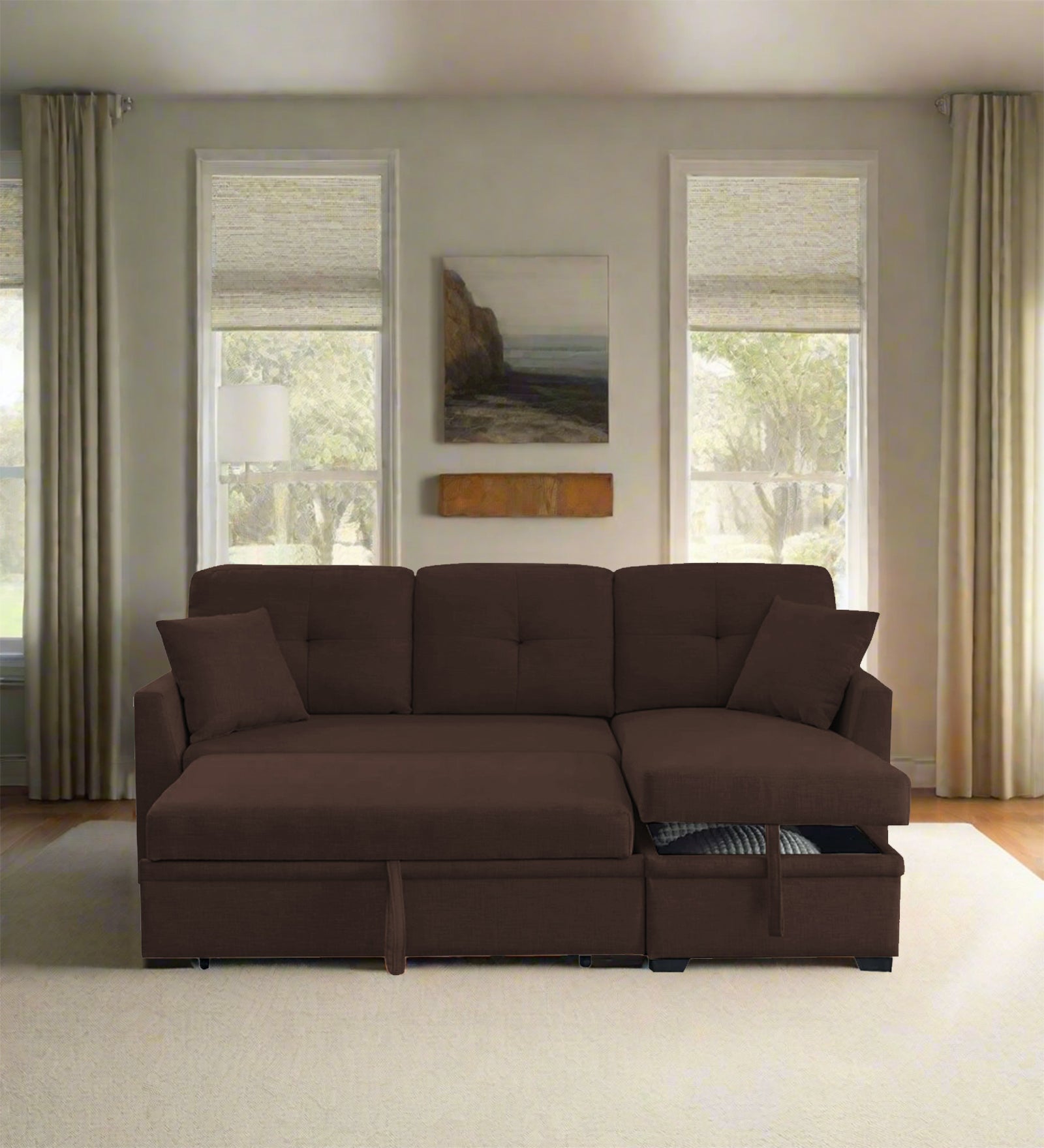 Jody Fabric 3 Seater Pull Out Sofa Cum Bed In Coffee Brown Colour With Storage - Febonic Living