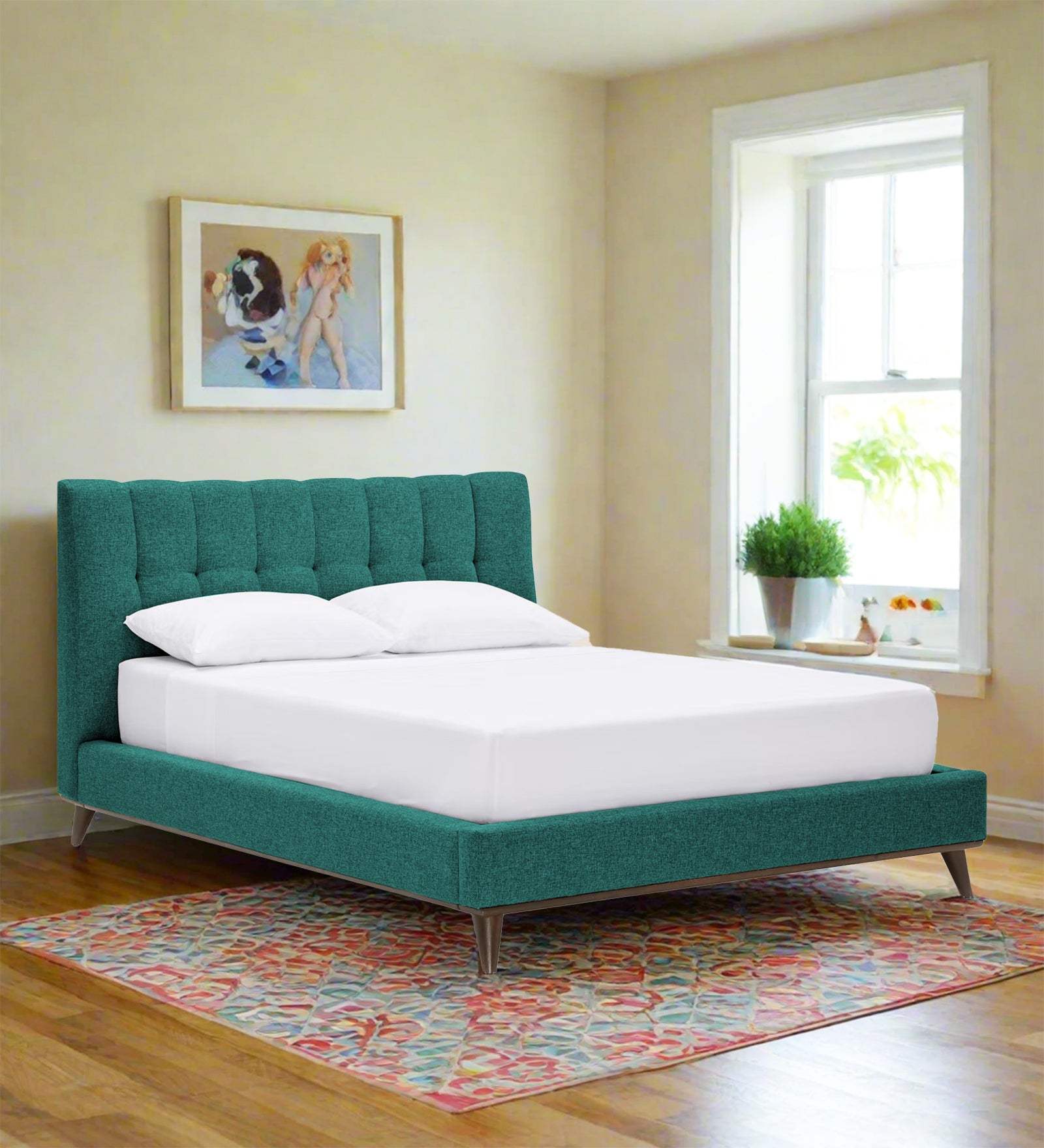 Jasmin Fabric Upholstered Queen Bed in Sea Green Colour