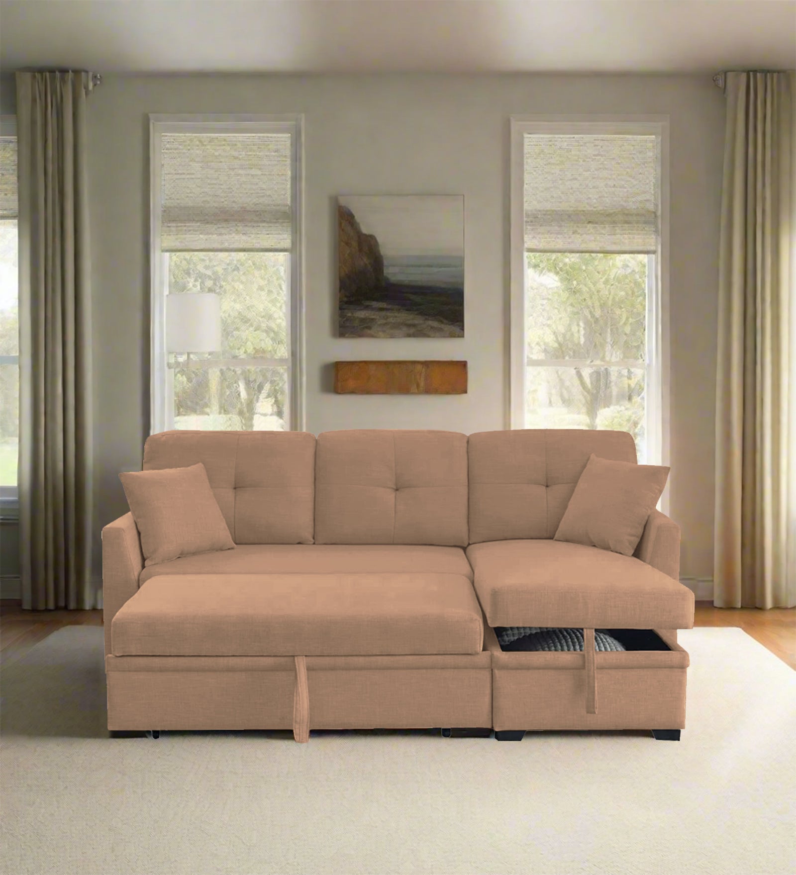 Jody Fabric 3 Seater Pull Out Sofa Cum Bed In Cosmic Beige Colour With Storage - Febonic Living