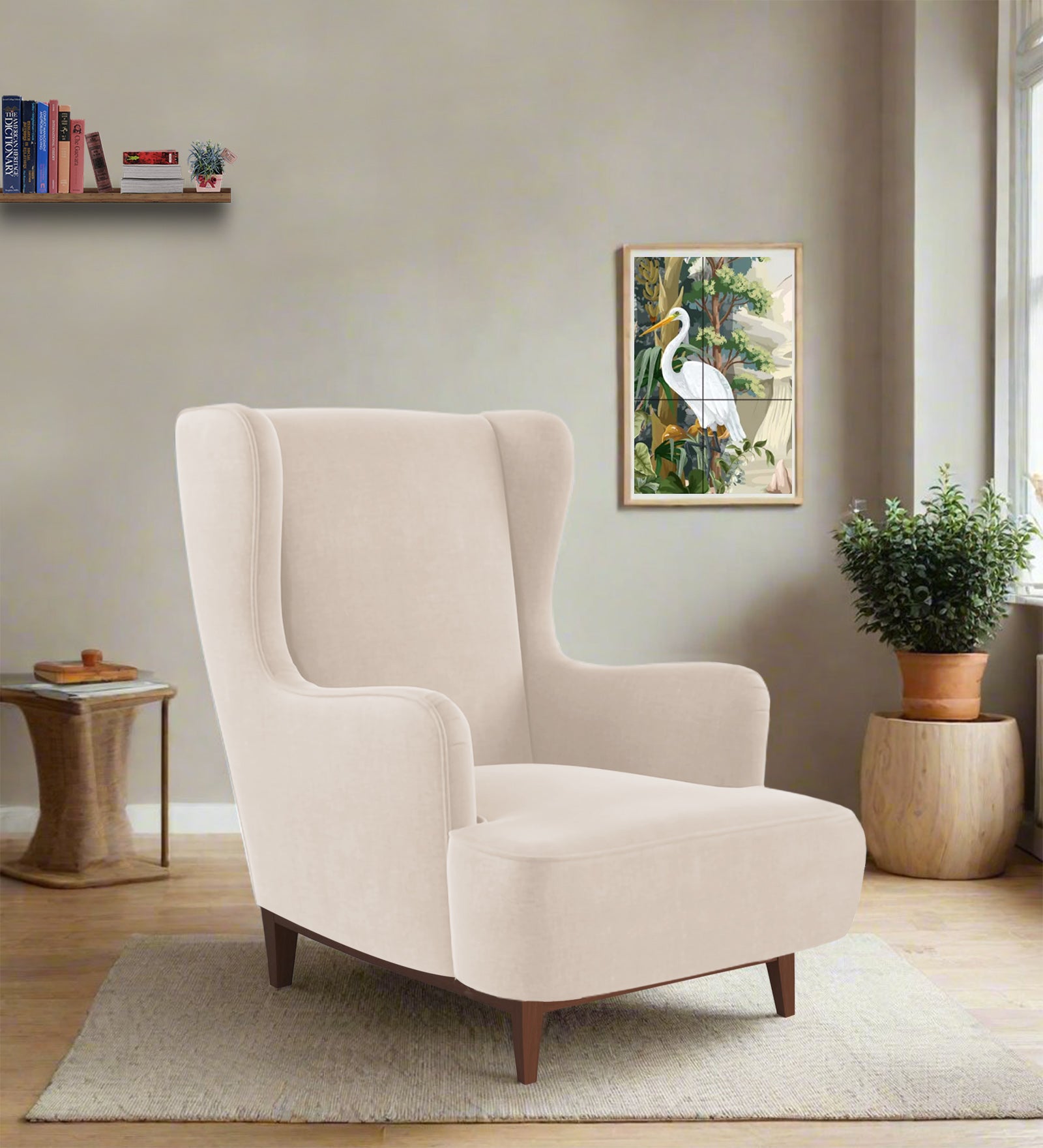 Suri Velvet Wing Chair In Camel Beige Colour - Febonic Living