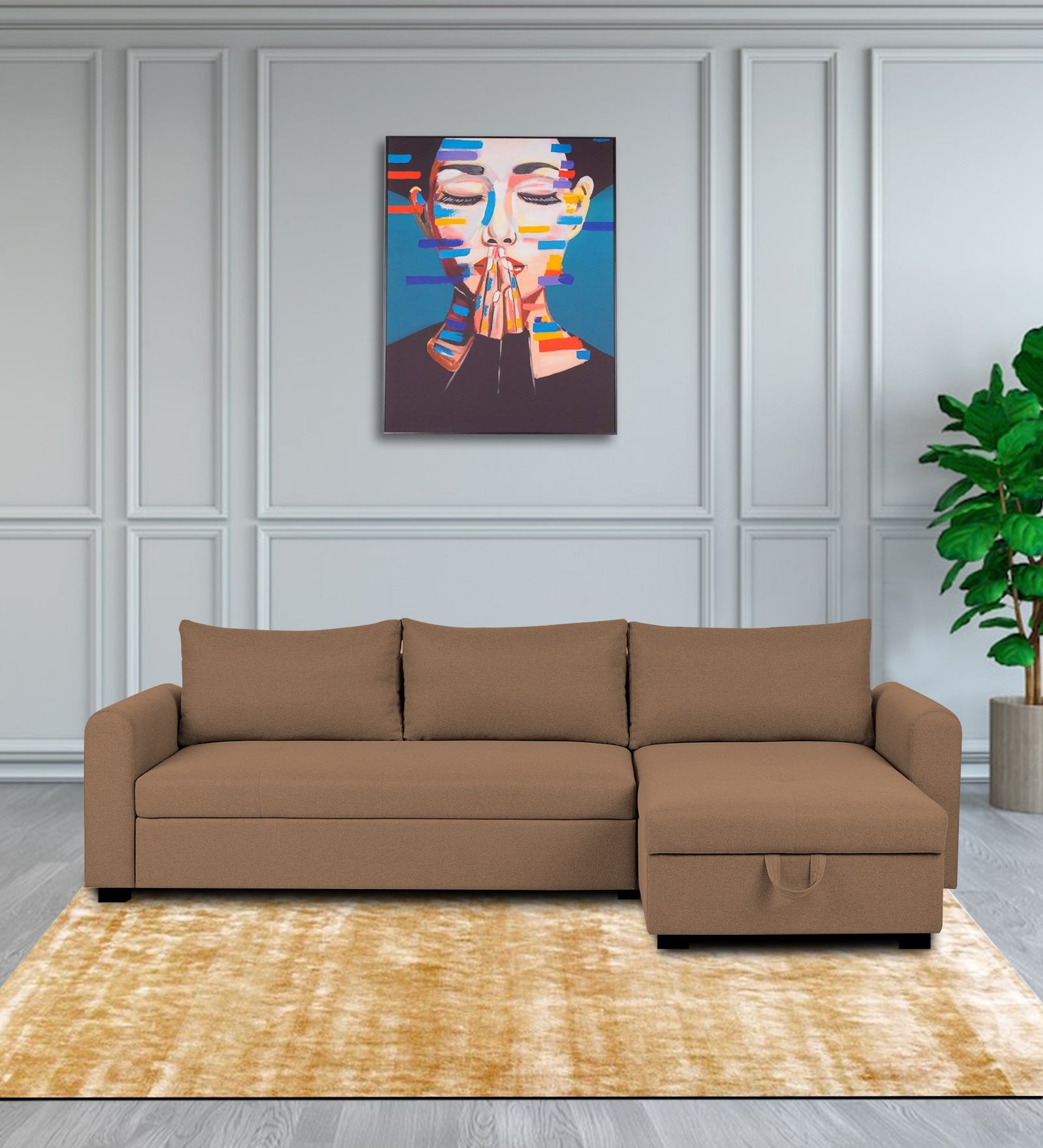 Sigma Fabric LHS Sectional Sofa (3+Lounger) In Cosmic Beige Colour - Febonic Living