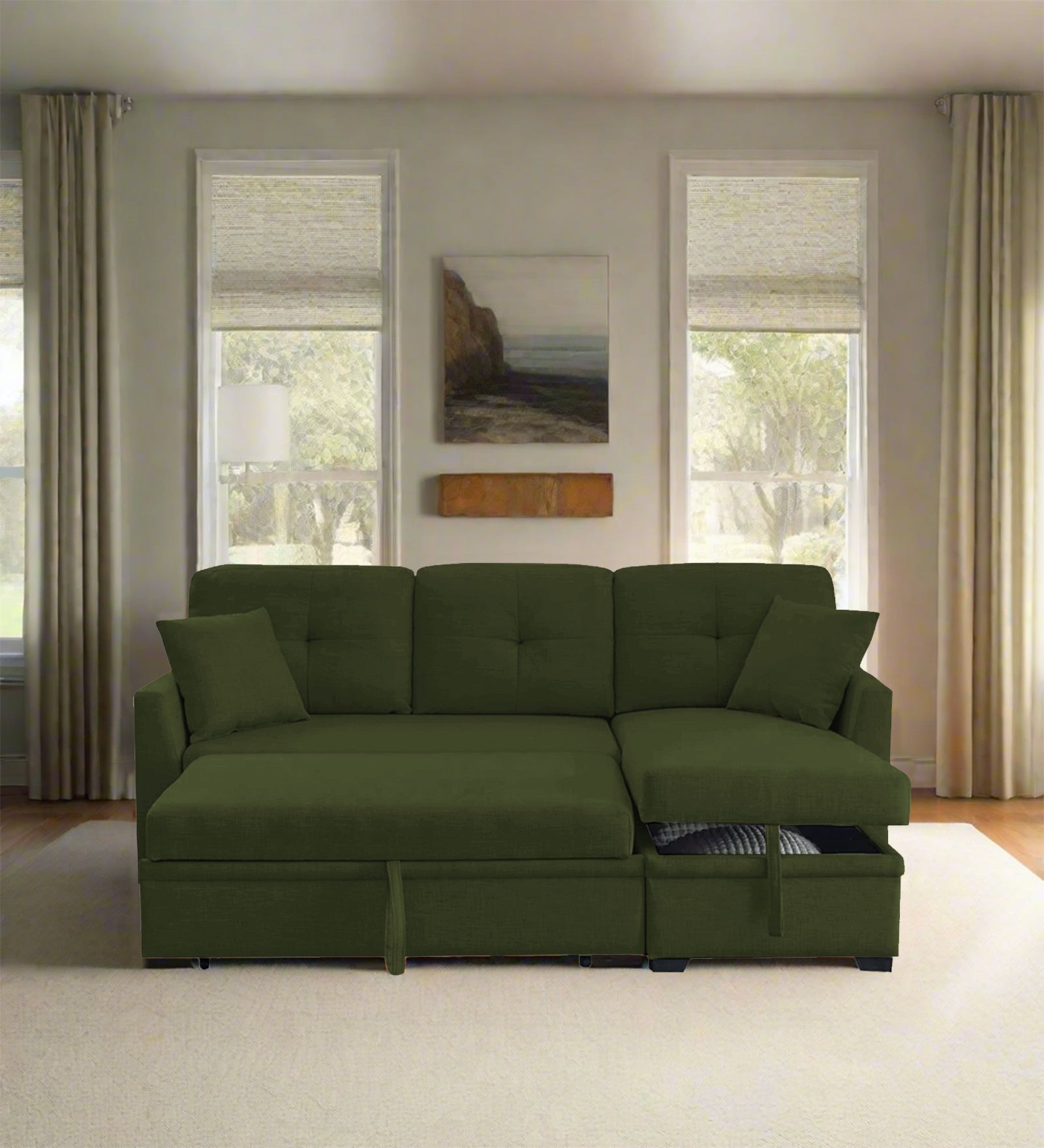 Jody Fabric 3 Seater Pull Out Sofa Cum Bed In Olive Green Colour With Storage - Febonic Living