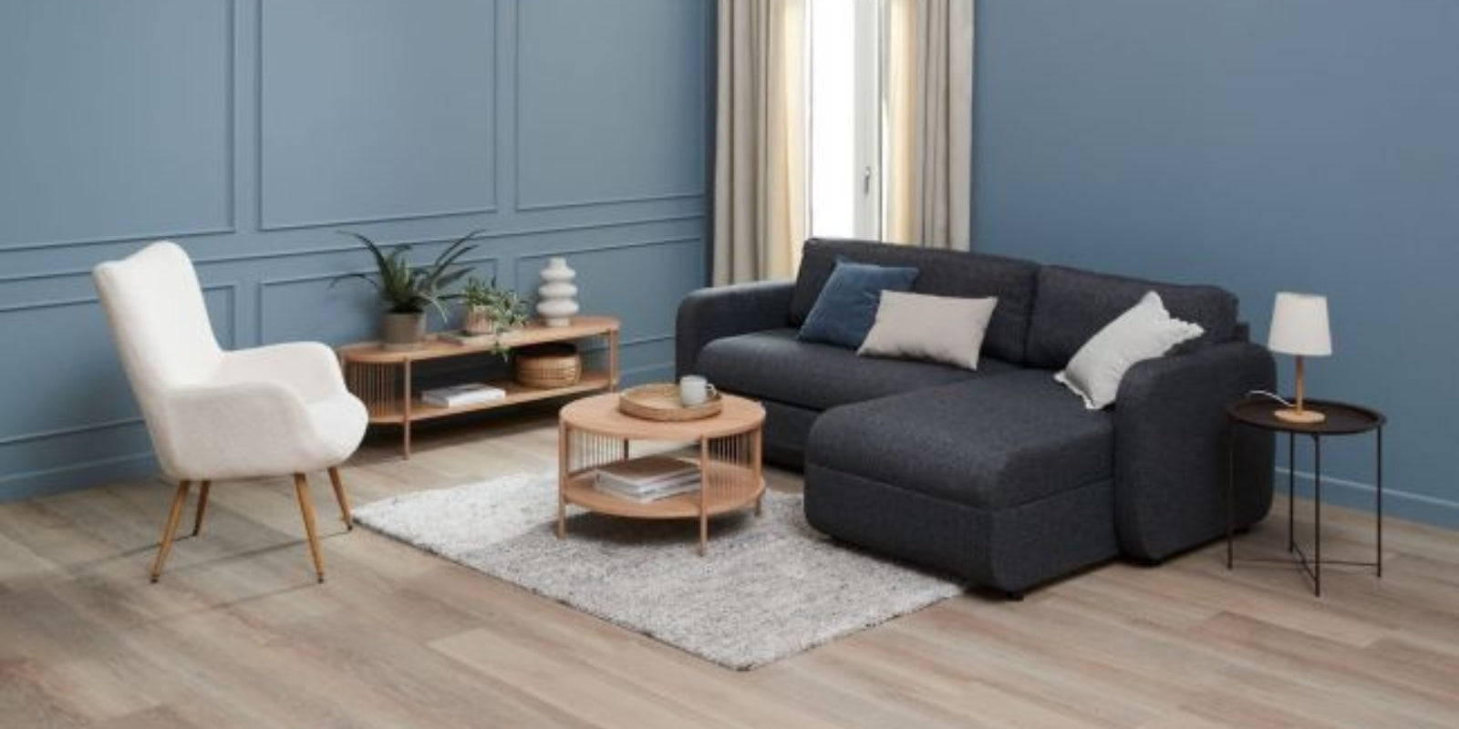 Bison Fabric 3 Seater Sectional With Pull Out Sofa Cum Bed In Charcoal Grey Colour - Febonic Living