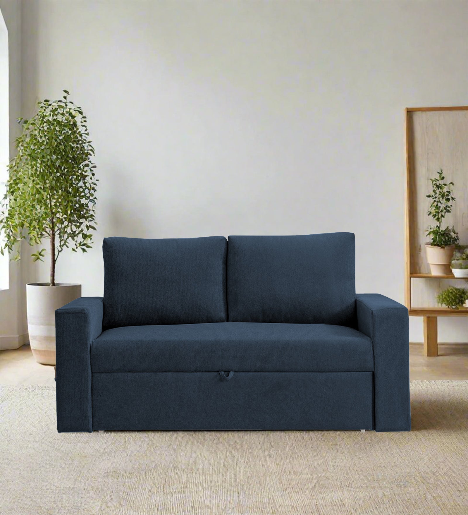 Kara Fabric 2 Seater Pull Out Sofa Cum Bed In Denim Blue Colour - Febonic Living