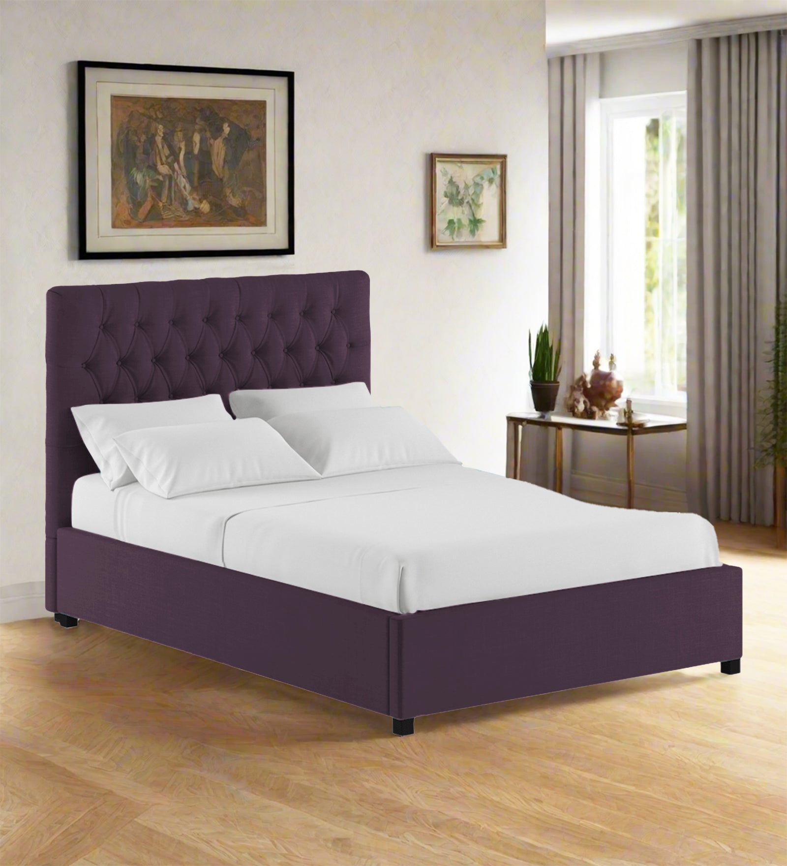 Isko Fabric King Size Bed In Greek Purple Colour With Storage Box - Febonic Living