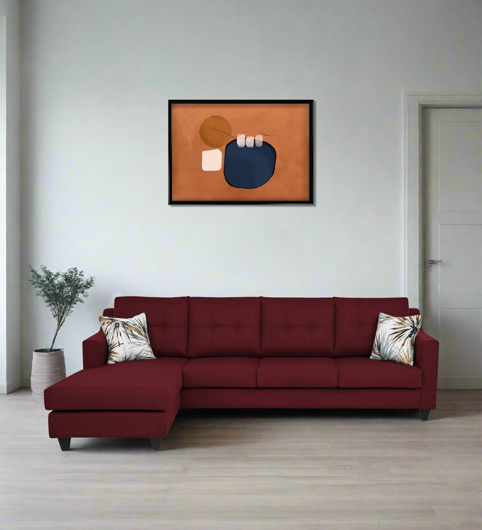 Welly Fabric RHS Sectional Sofa (3+Lounger) In Blood Maroon Colour - Febonic Living