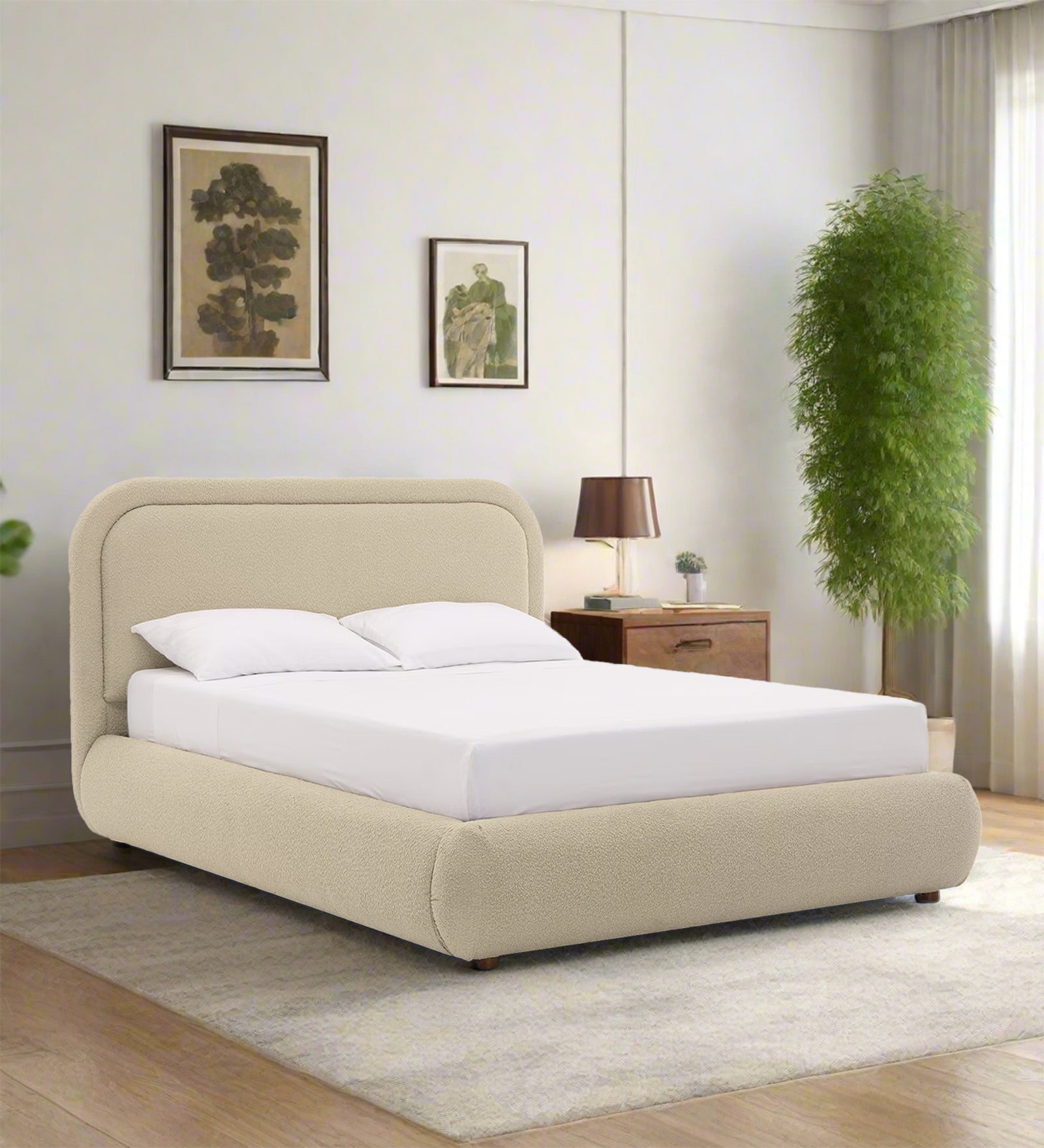 Nemo Boucle Fabric King Size Bed in Shell White Colour - Febonic Living