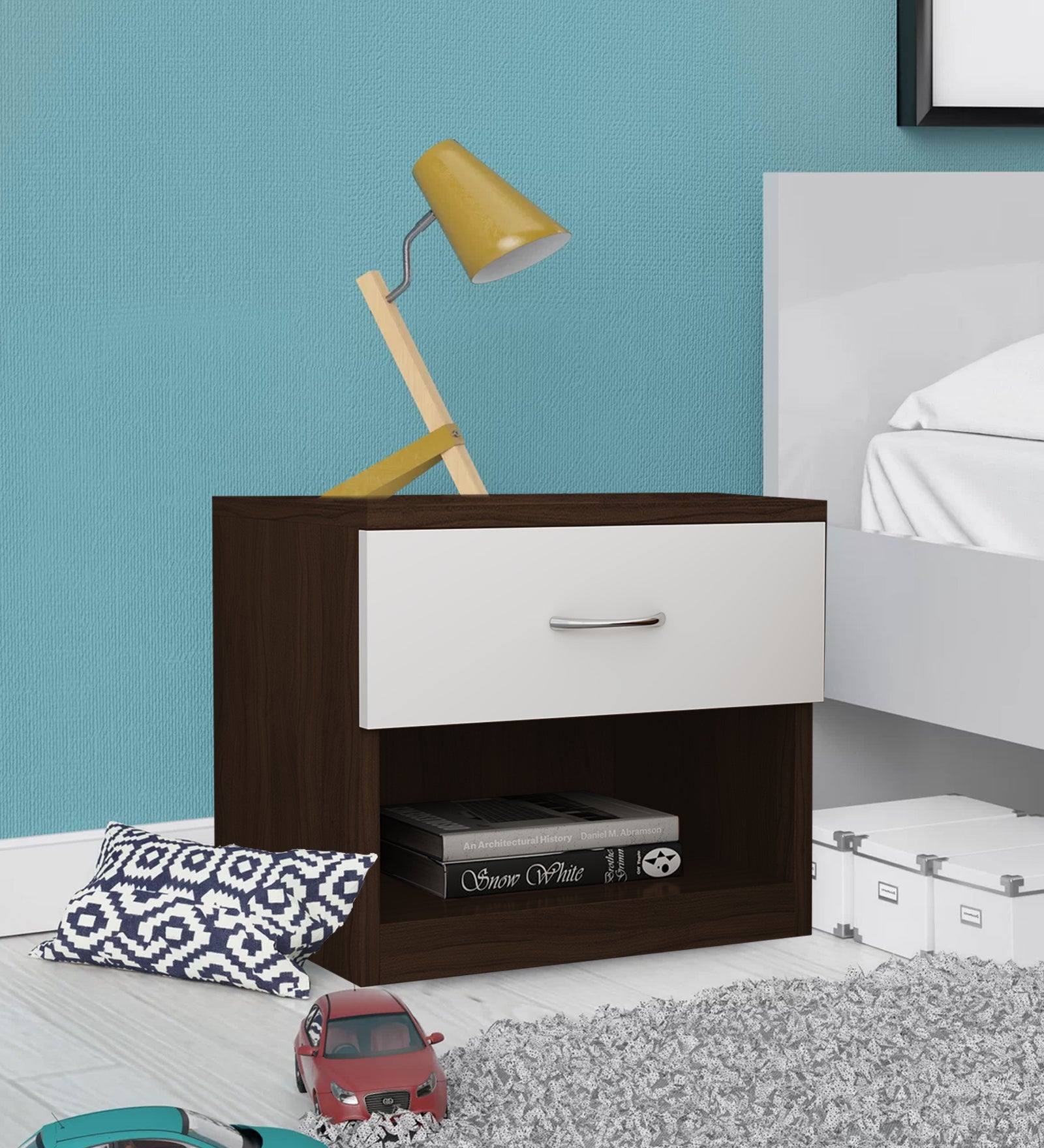 Rona Bedside Table With Drawer in Dark Walnut & Frosty White Finish - Febonic Living