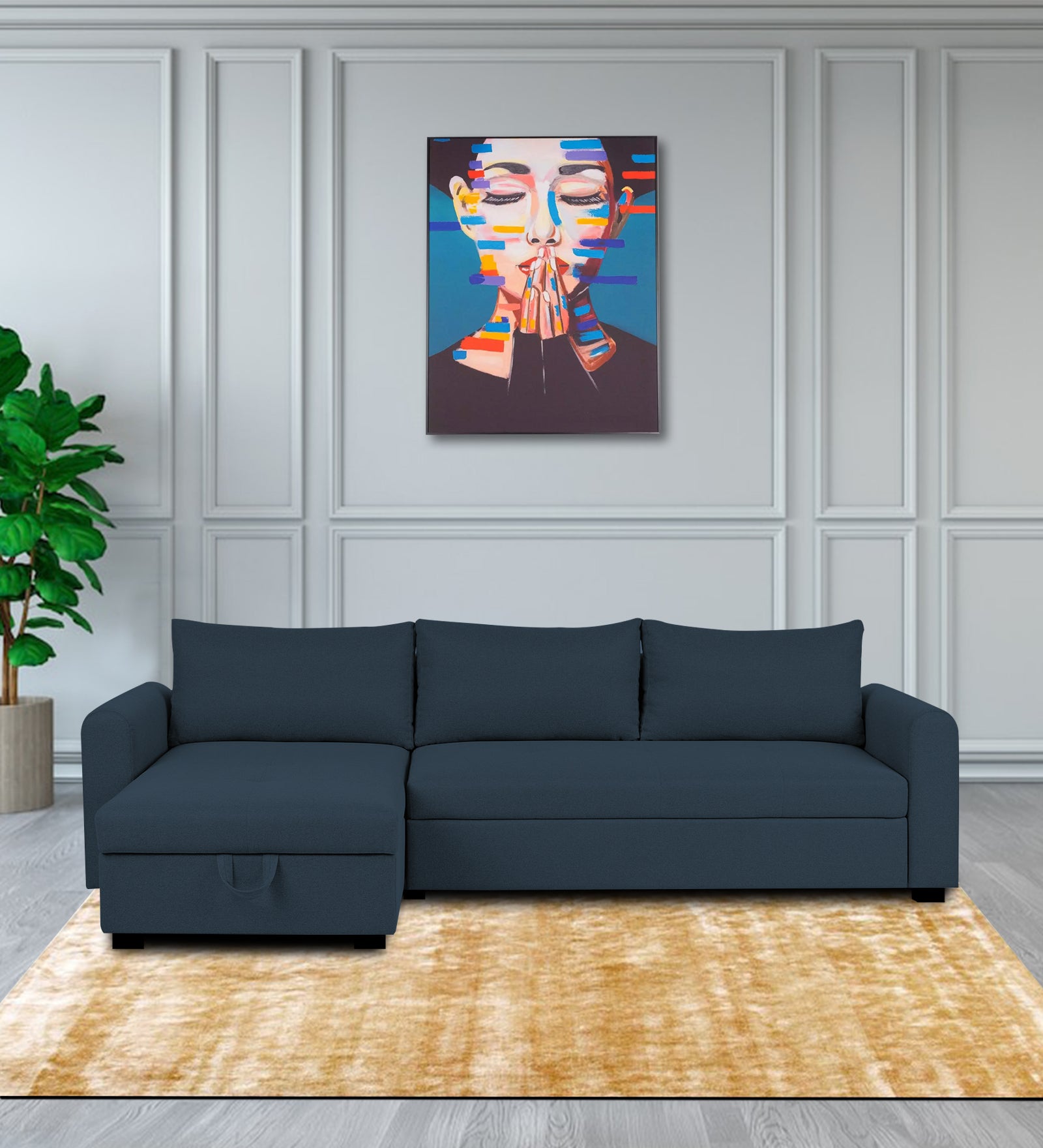 Sigma Fabric RHS Sectional Sofa (3+Lounger) In Denim Blue Colour - Febonic Living