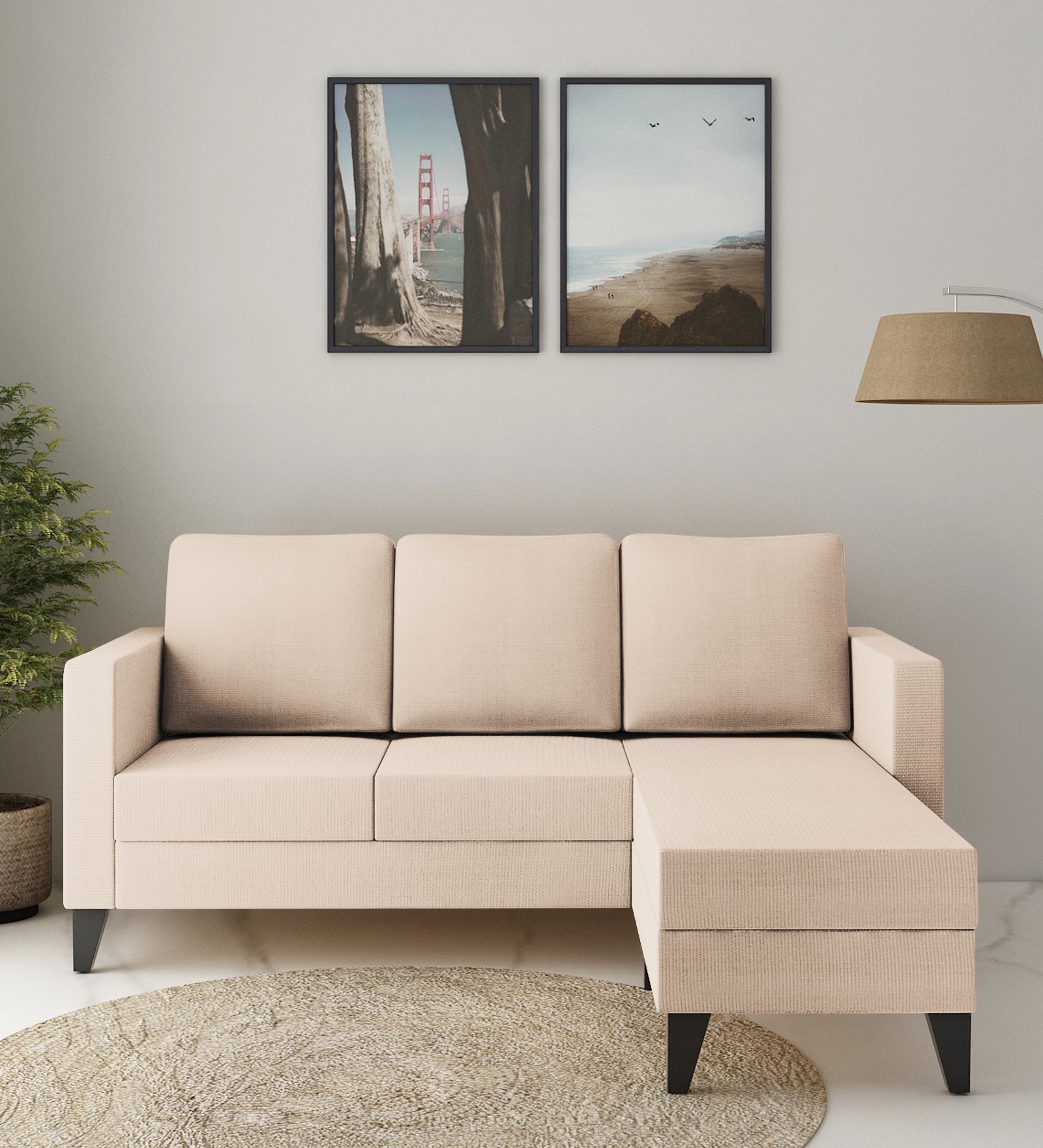Nori Fabric LHS Sectional Sofa (2+Lounger) In Woom Beige Colour - Febonic Living
