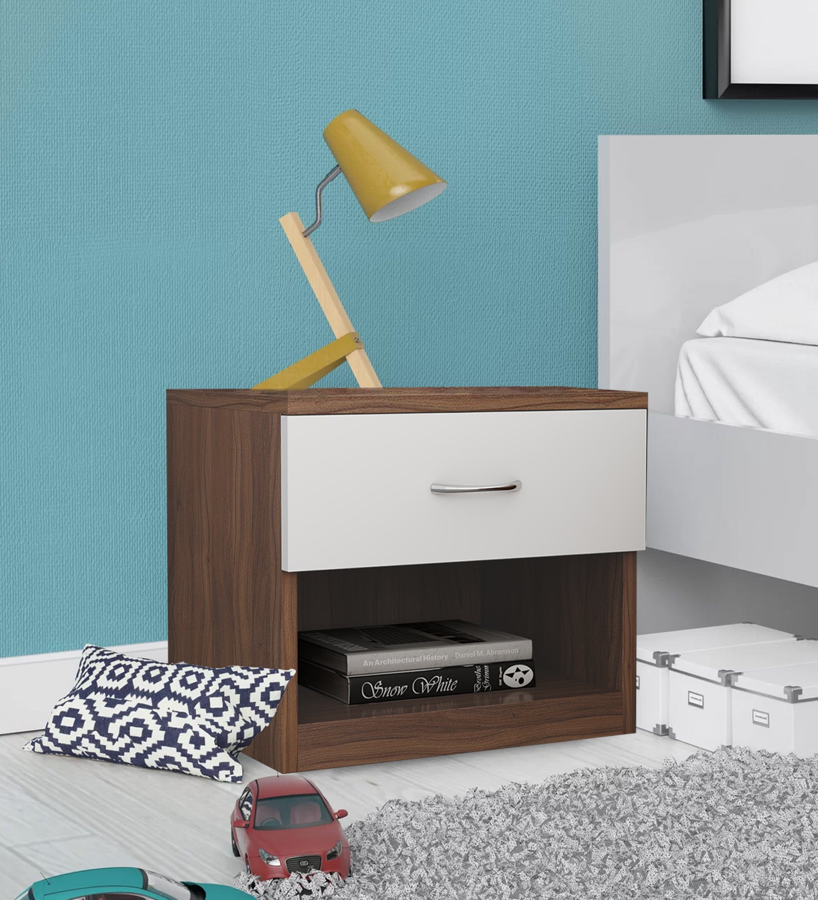 Rona Bedside Table With Drawer in Oral Walnut & Frosty White Finish - Febonic Living