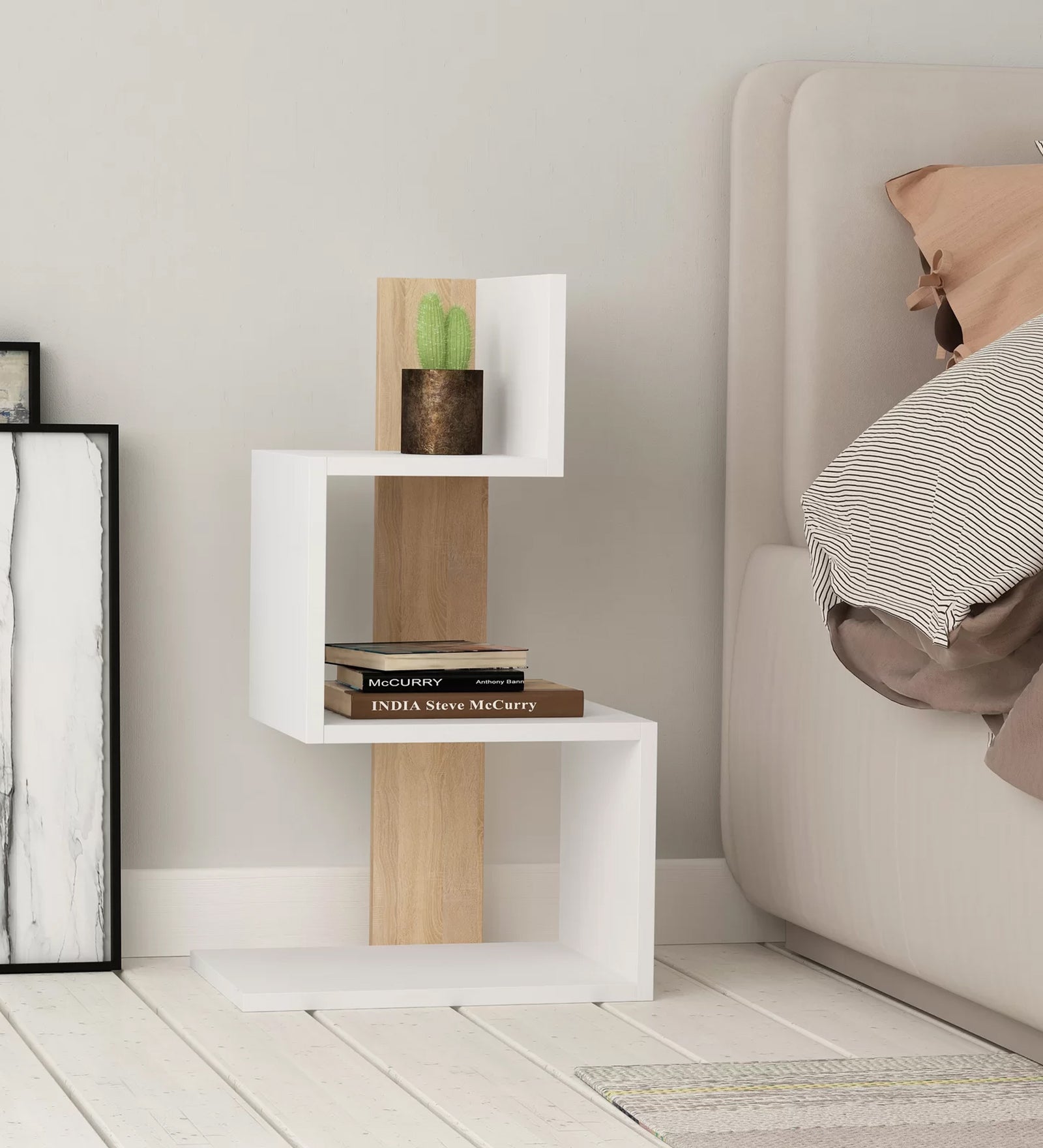 Soli Bedside Table In Frosty White And Oral Walnut Finish - Febonic Living