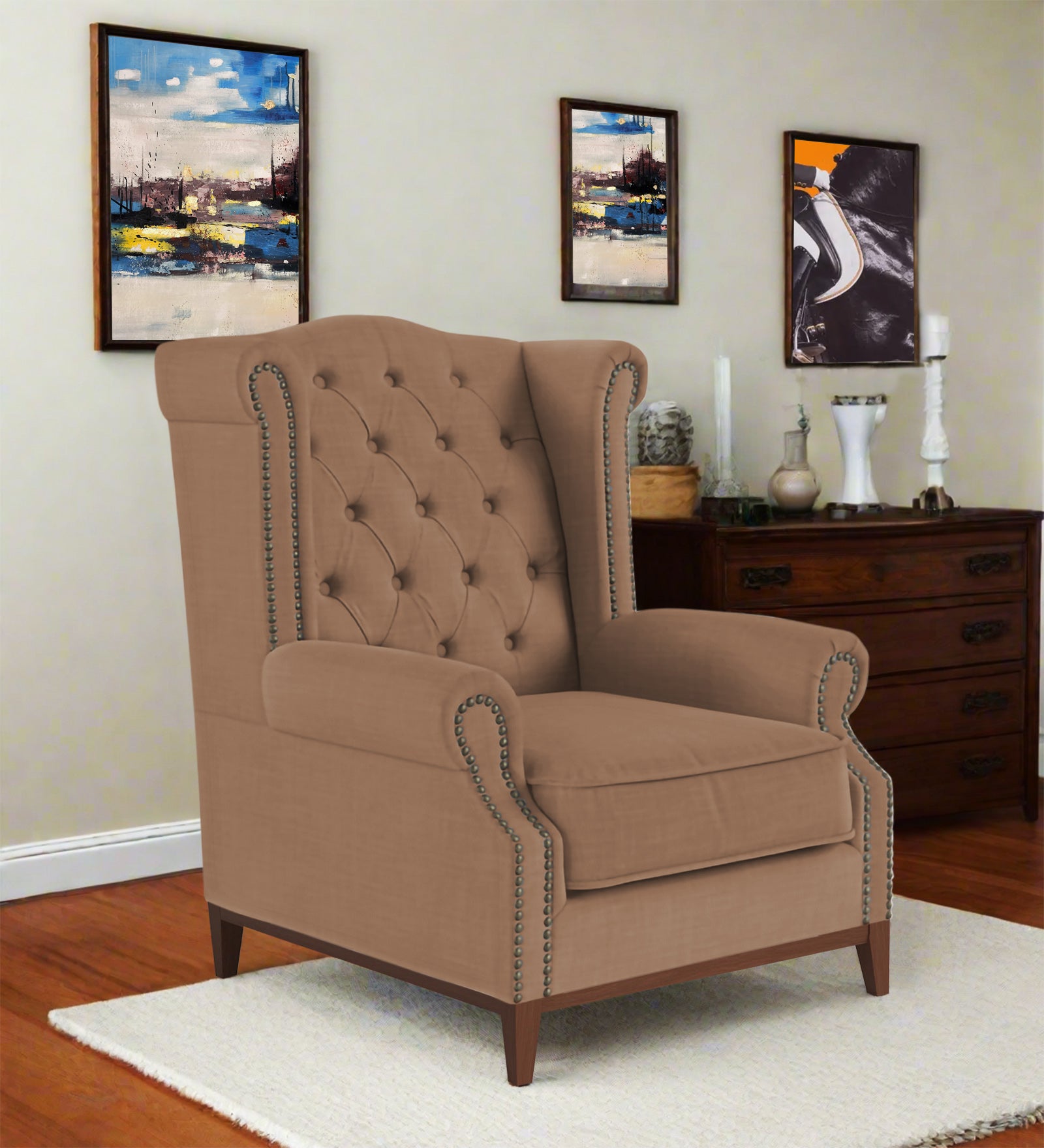 Nory Fabric Wing Chair In Cosmic Beige Colour - Febonic Living