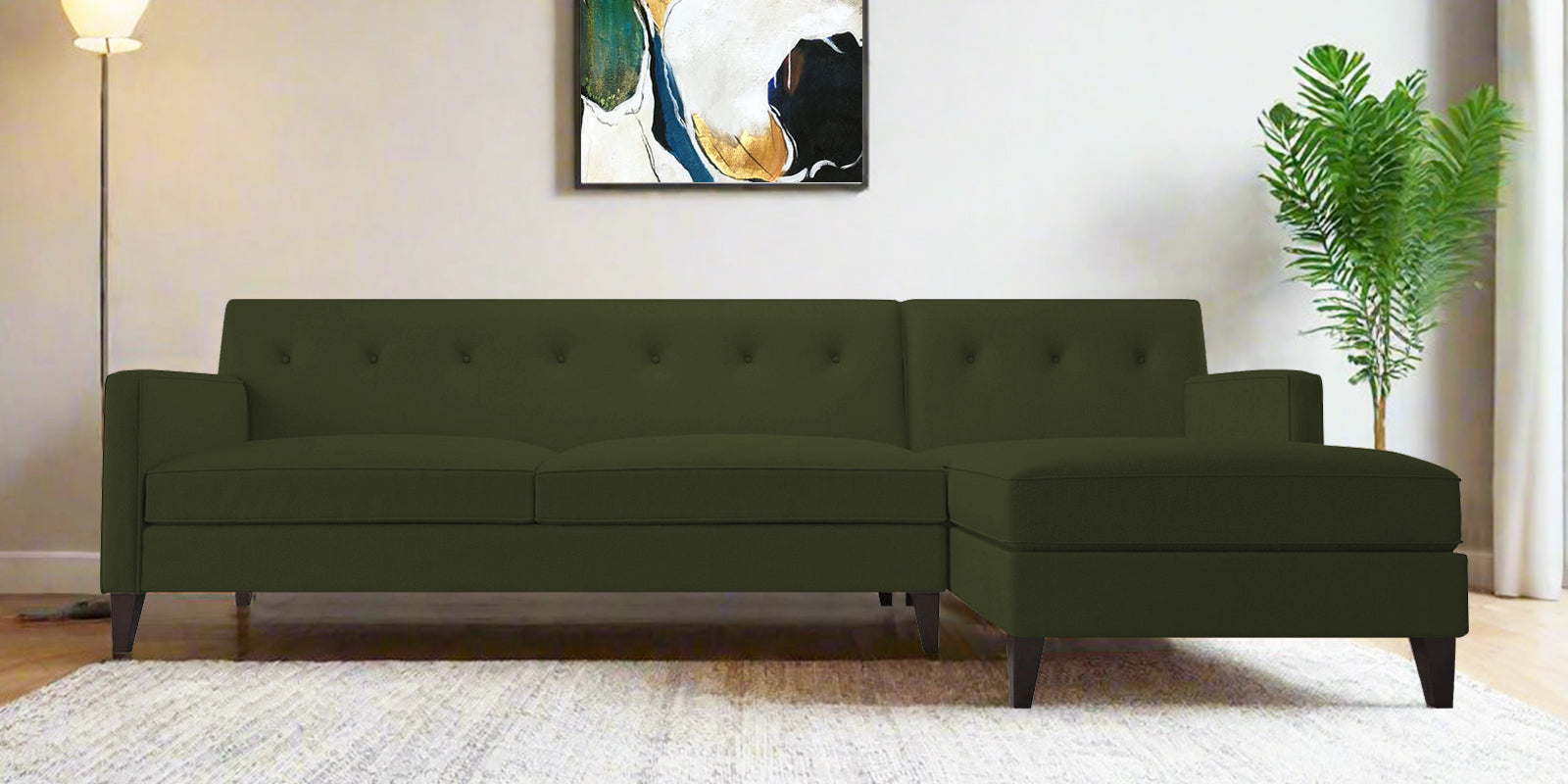 Miller Fabric LHS Sectional Sofa (3+Lounger) In Olive Green Colour - Febonic Living