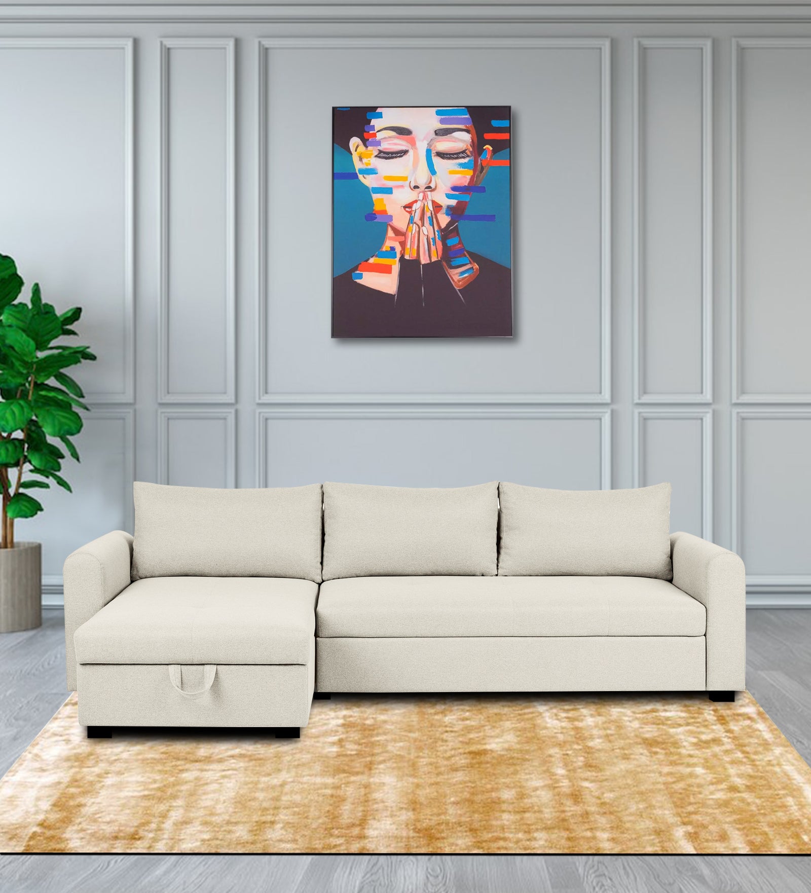 Sigma Fabric RHS Sectional Sofa (3+Lounger) In Ivory Cream Colour - Febonic Living