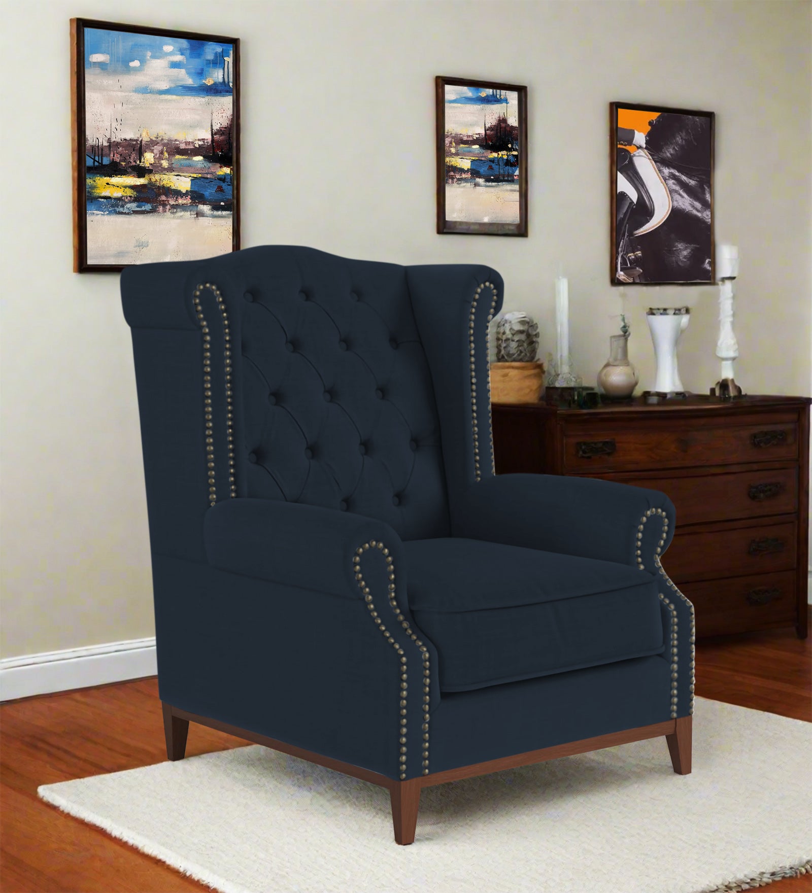 Nory Fabric Wing Chair In Denim Blue Colour - Febonic Living