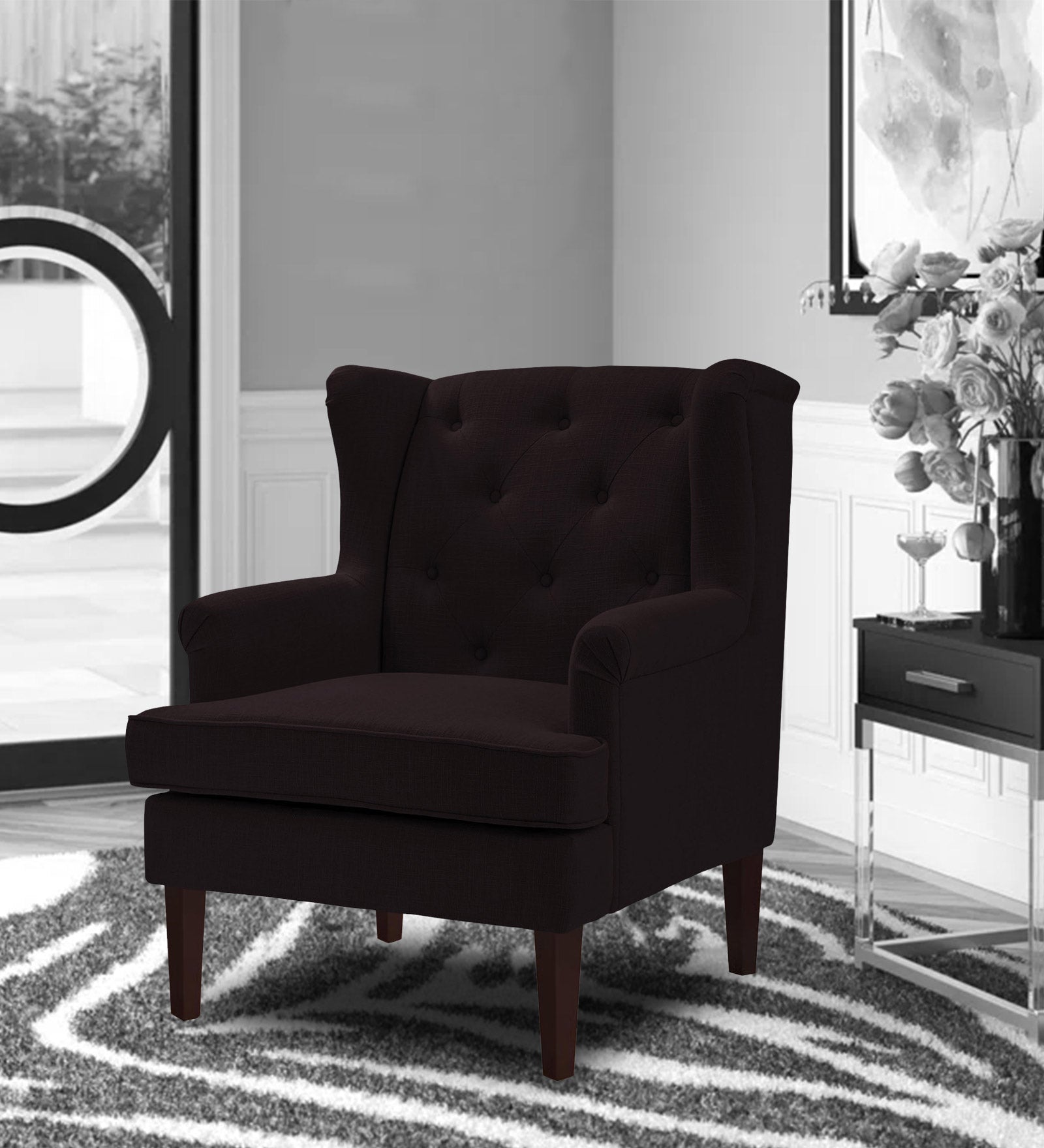 Deyuk Fabric Wing Chair In Cara Brown Colour - Febonic Living