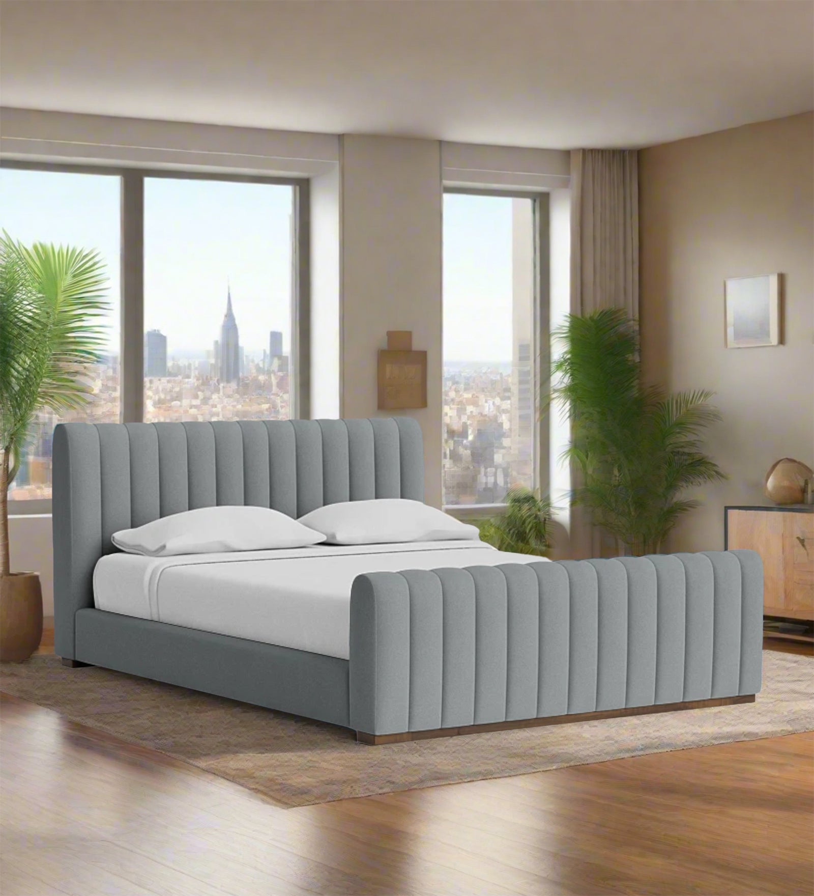 Nalan Velvet Upholstered Queen Size Bed in Pubble Grey Colour