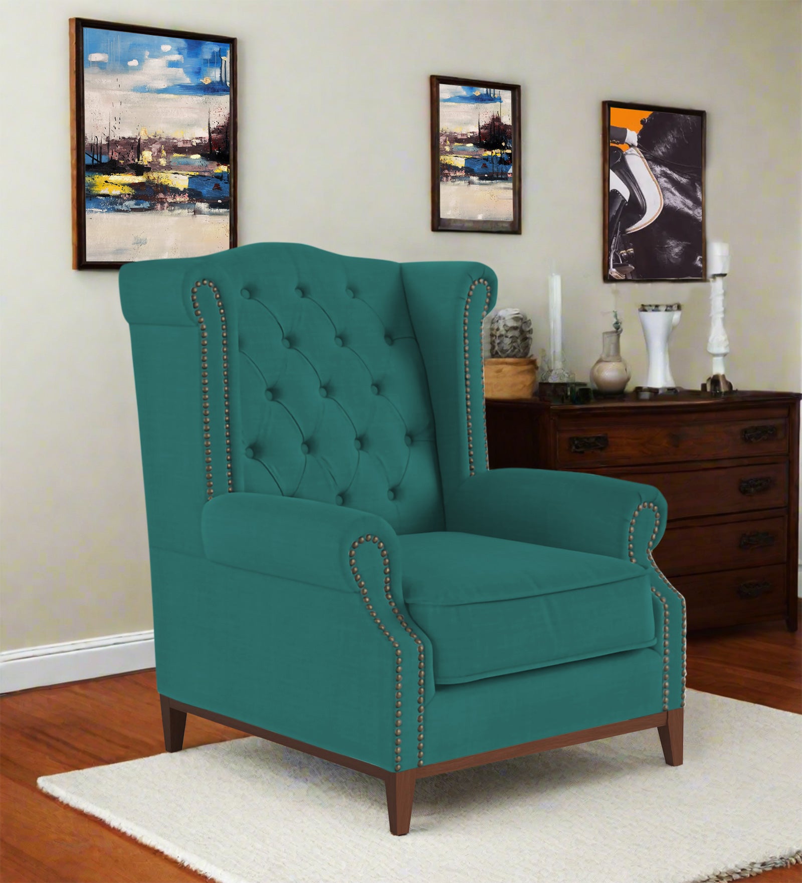 Nory Fabric Wing Chair In Sea Green Colour - Febonic Living