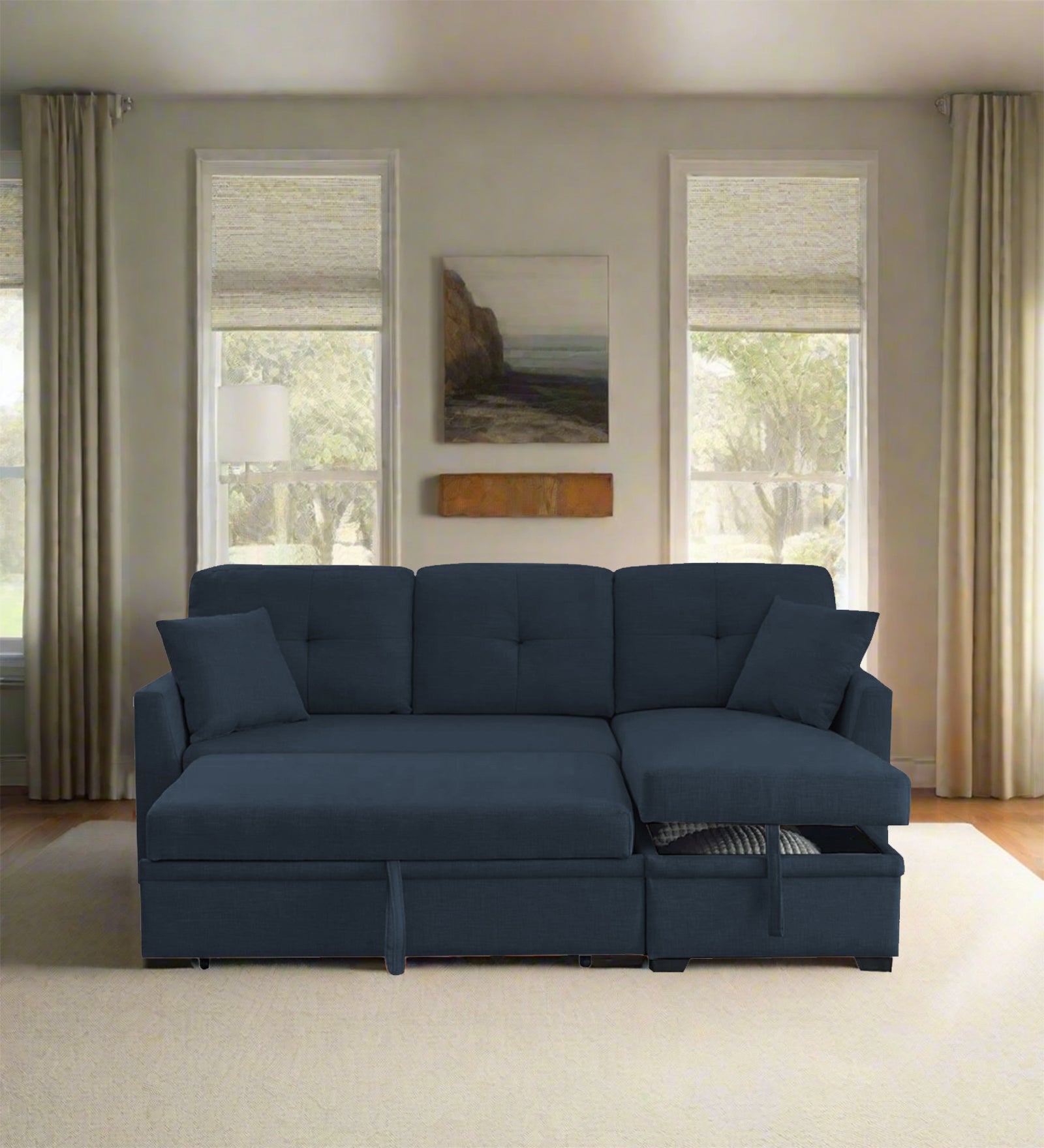Jody Fabric 3 Seater Pull Out Sofa Cum Bed In Denim Blue Colour With Storage - Febonic Living